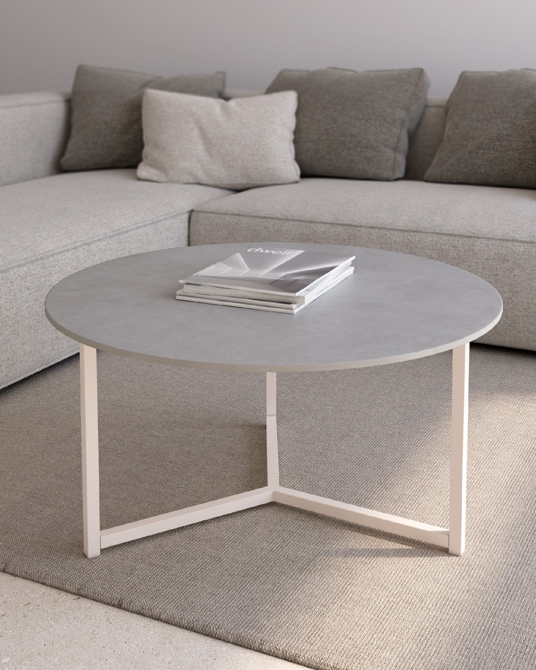 Balear round auxiliary table with portland porcelain top and ivory metal leg Ø 80 cm