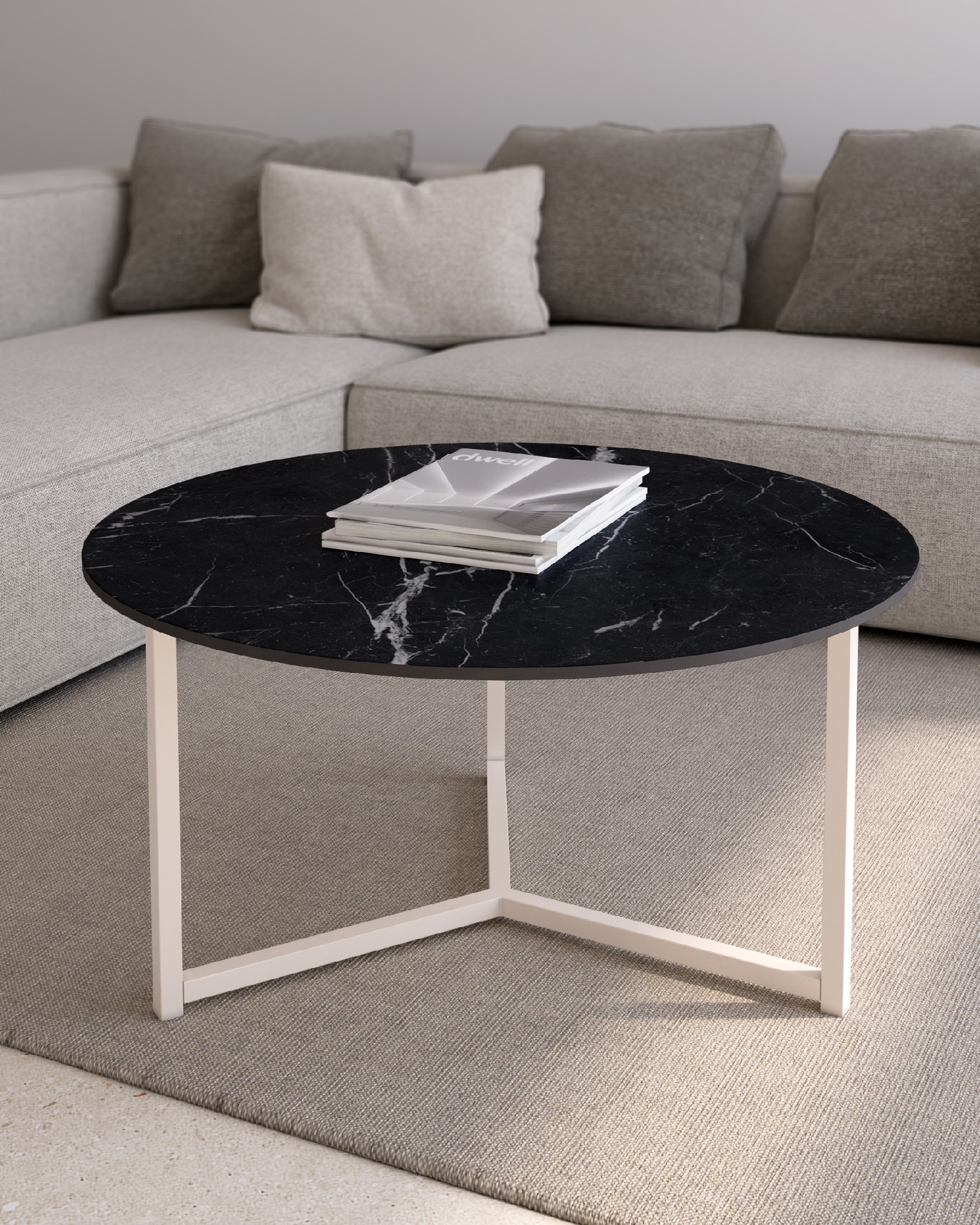 Balear round auxiliary table with marquina porcelain top and ivory metal leg Ø 80 cm