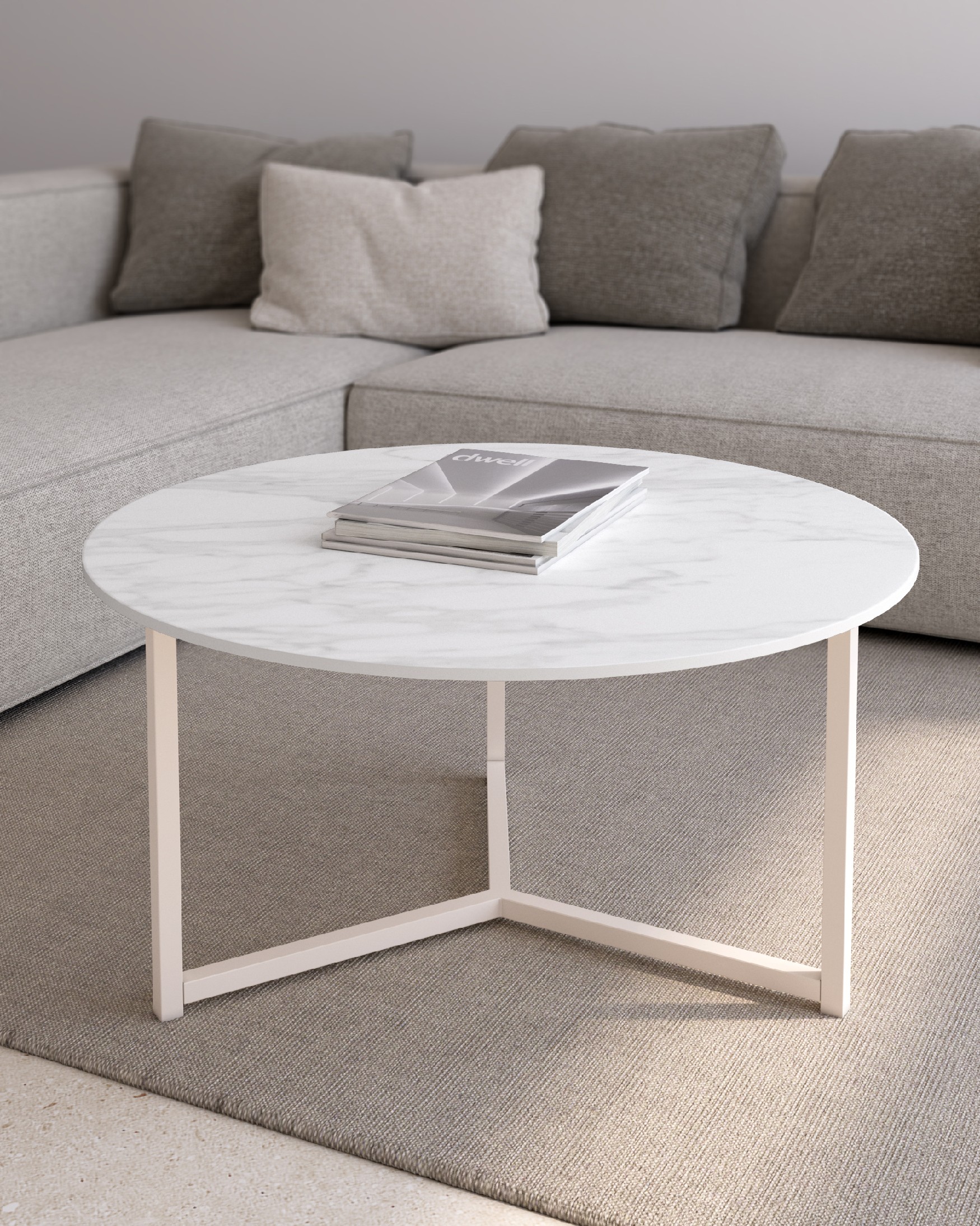 Mesa auxiliar Balear redonda con sobre porcelánico Carrara y pata metálica marfil Ø 80 cm
