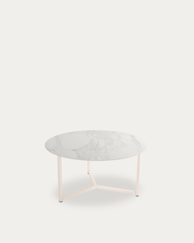 Mesa auxiliar Balear redonda con sobre porcelánico Carrara y pata metálica marfil Ø 80 cm
