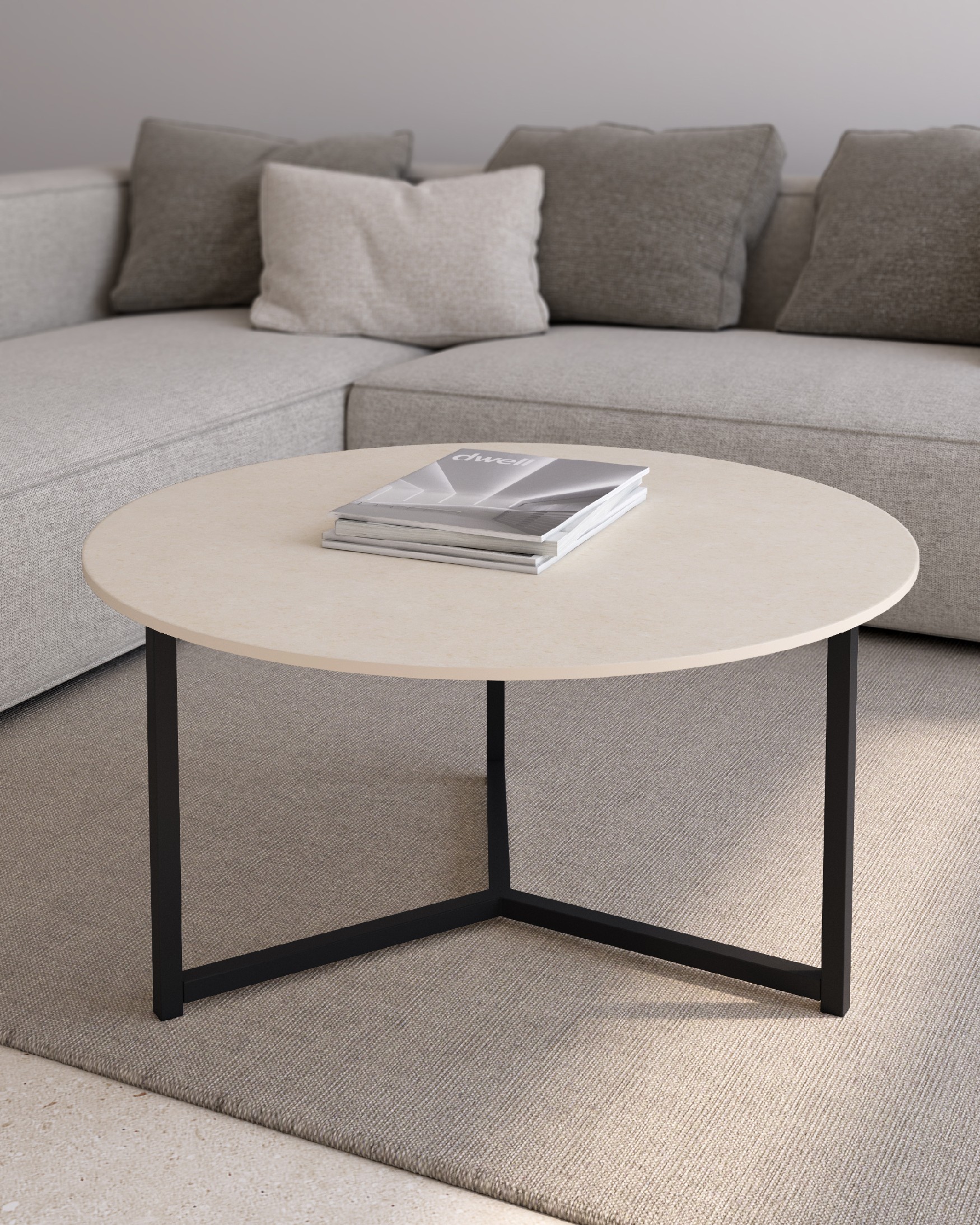 Balear round auxiliary table with sand porcelain top and black metal leg Ø 80 cm
