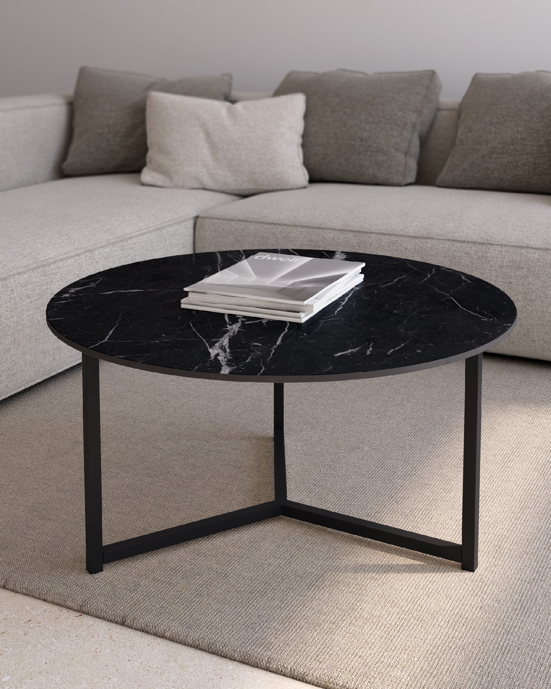Balear round auxiliary table with marquina porcelain top and black metal leg Ø 80 cm
