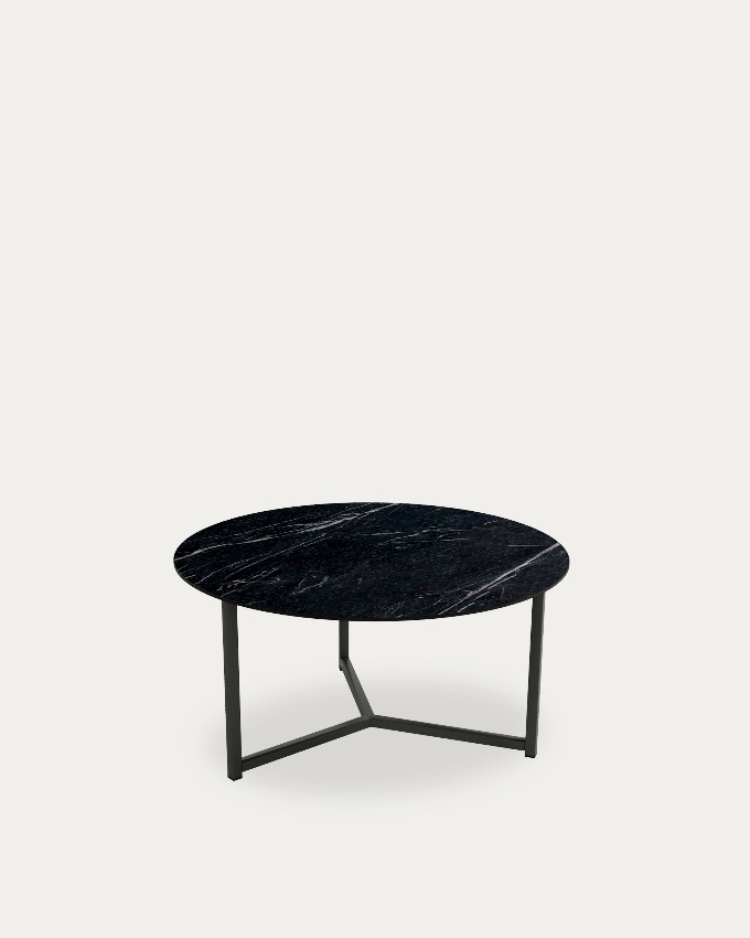 Mesa auxiliar Balear redonda con sobre porcelánico Marquina y pata metálica negra Ø 80 cm