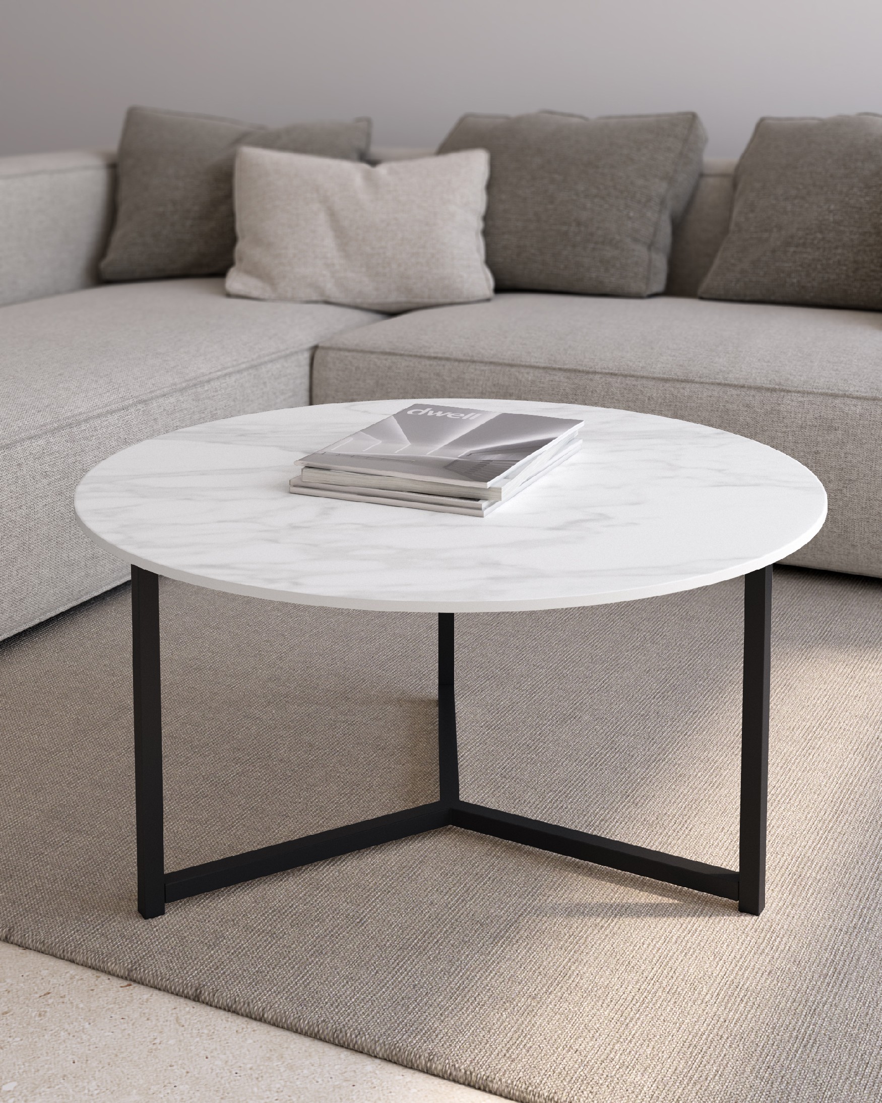 Balear round auxiliary table with carrara porcelain top and black metal leg Ø 80 cm