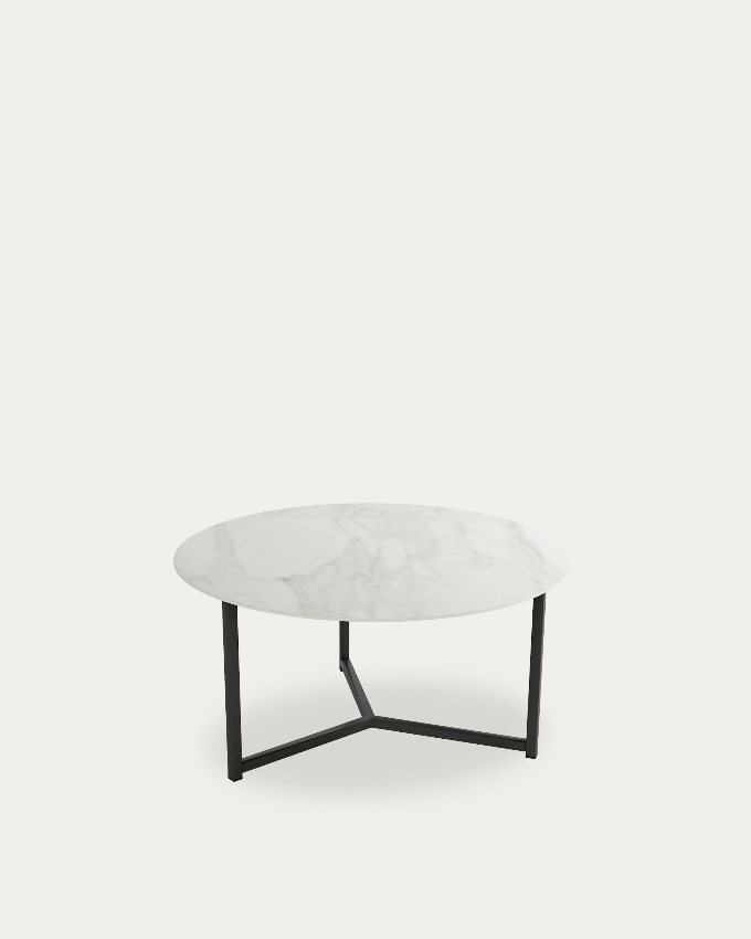 Mesa auxiliar Balear redonda con sobre porcelánico Carrara y pata metálica negra Ø 80 cm