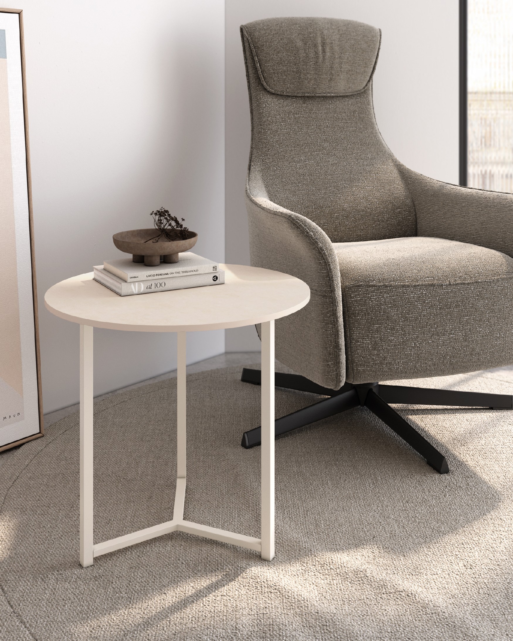Balear round auxiliary table with sand porcelain top and ivory metal leg Ø 50 cm