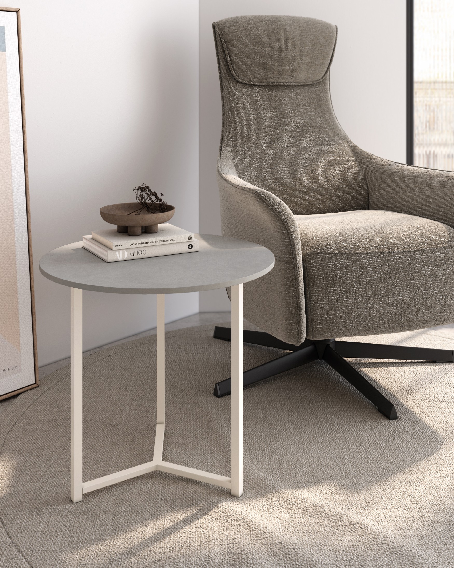 Balear round auxiliary table with portland porcelain top and ivory metal leg Ø 50 cm