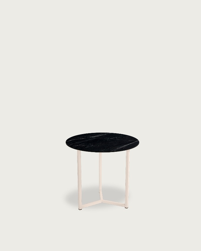 Mesa auxiliar Balear redonda con sobre porcelánico Marquina y pata metálica marfil Ø 50 cm