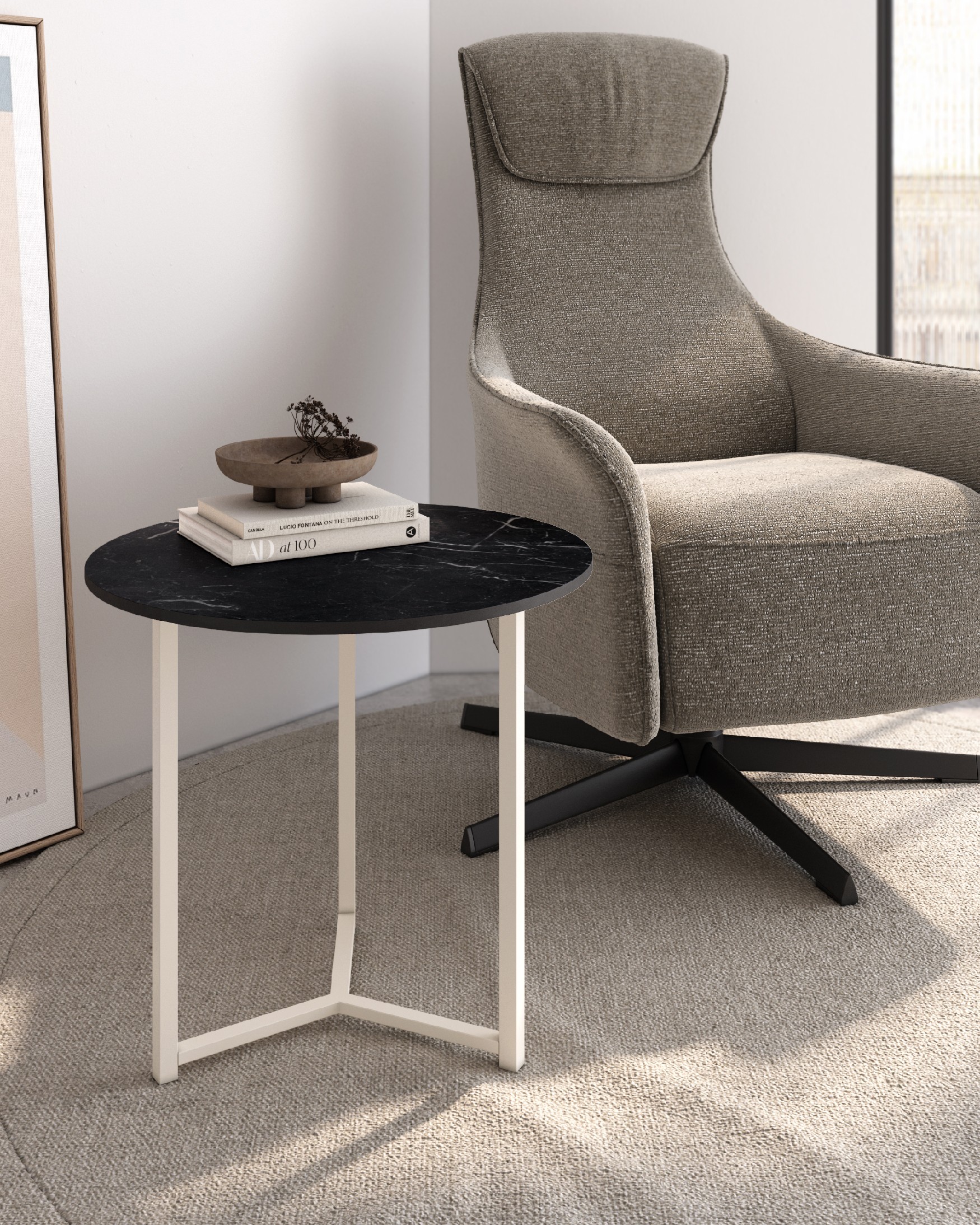 Balear round auxiliary table with marquina porcelain top and ivory metal leg Ø 50 cm