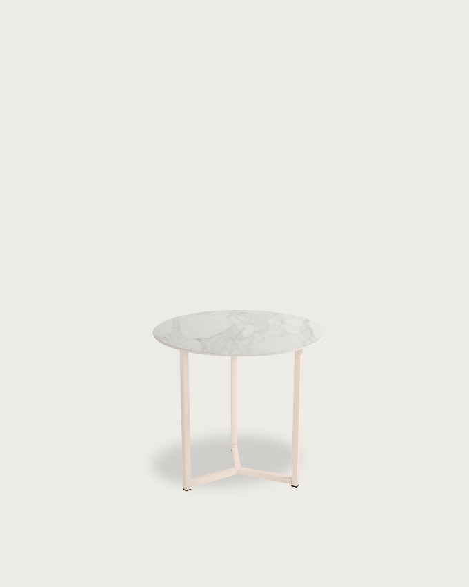 Mesa auxiliar Balear redonda con sobre porcelánico Carrara y pata metálica marfil Ø 50 cm