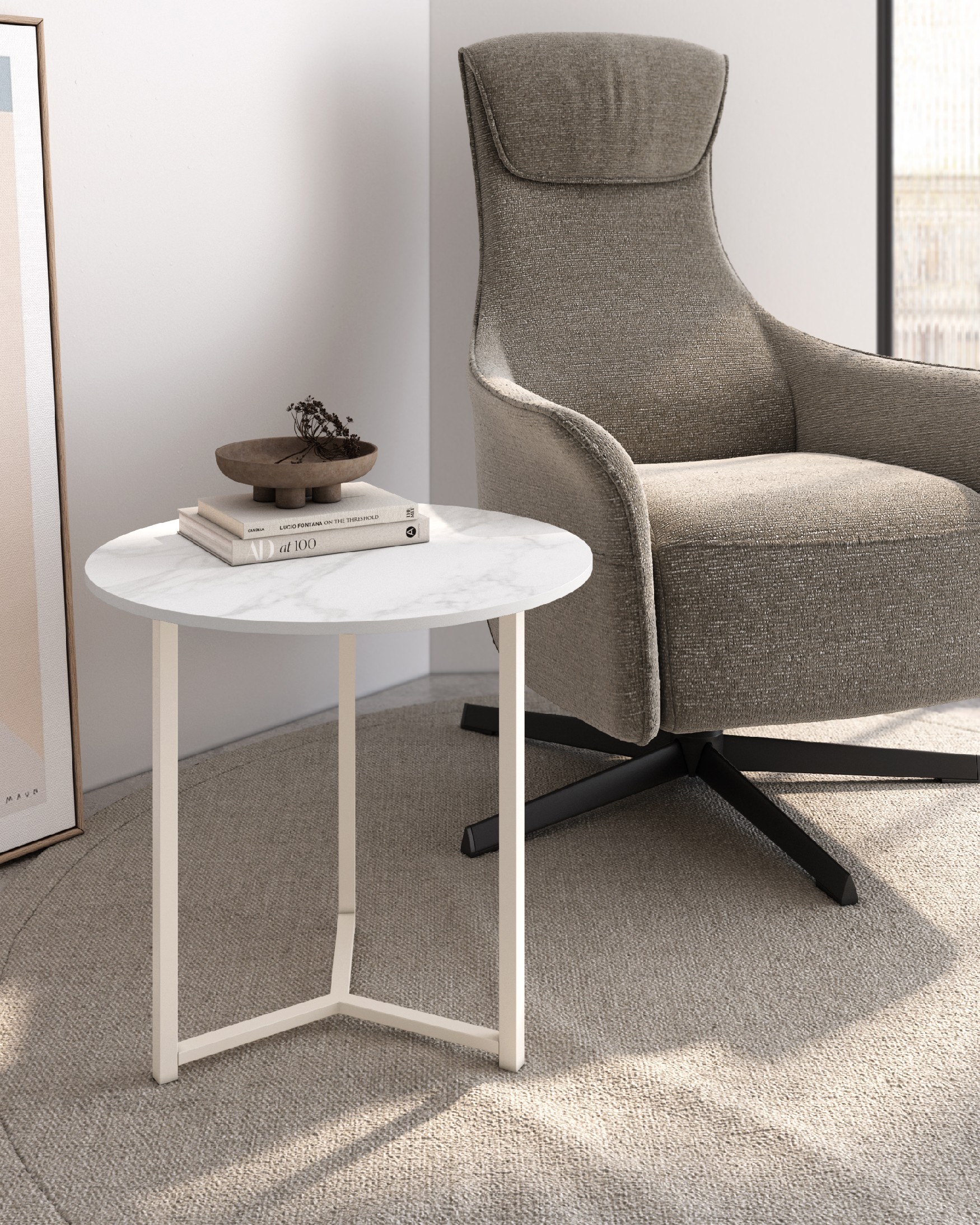 Table auxiliaire Balear ronde avec plateau en porcelaine carrara et pied métallique ivoire Ø 50 cm