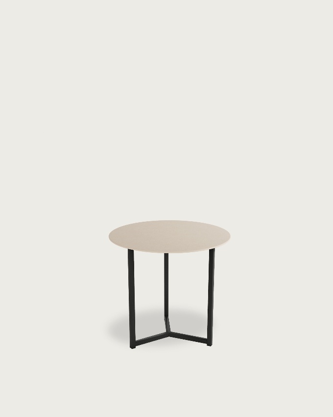 Table auxiliaire Balear ronde avec plateau en porcelaine sable et pied métallique noir Ø 50 cm
