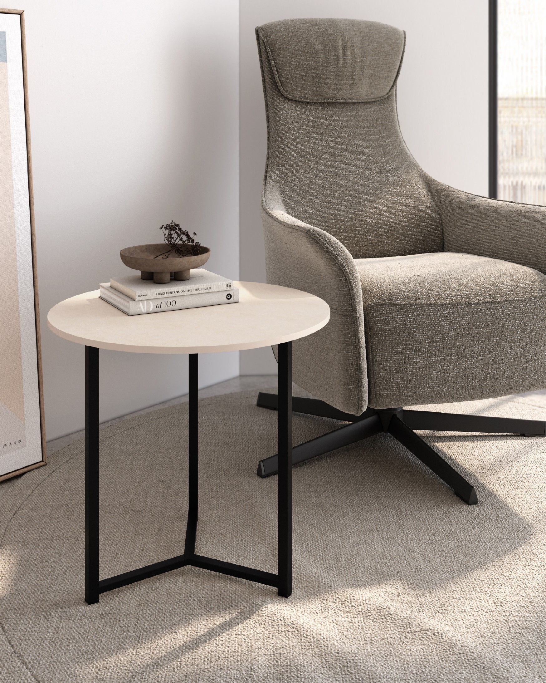Balear round auxiliary table with sand porcelain top and black metal leg Ø 50 cm