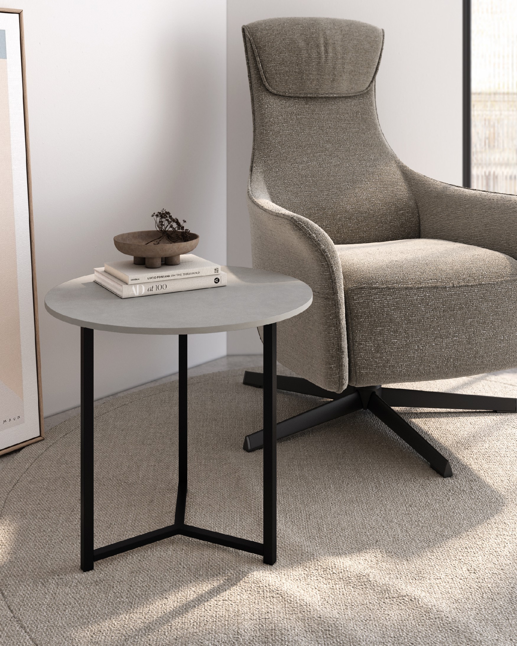 Balear round auxiliary table with portland porcelain top and black metal leg Ø 50 cm