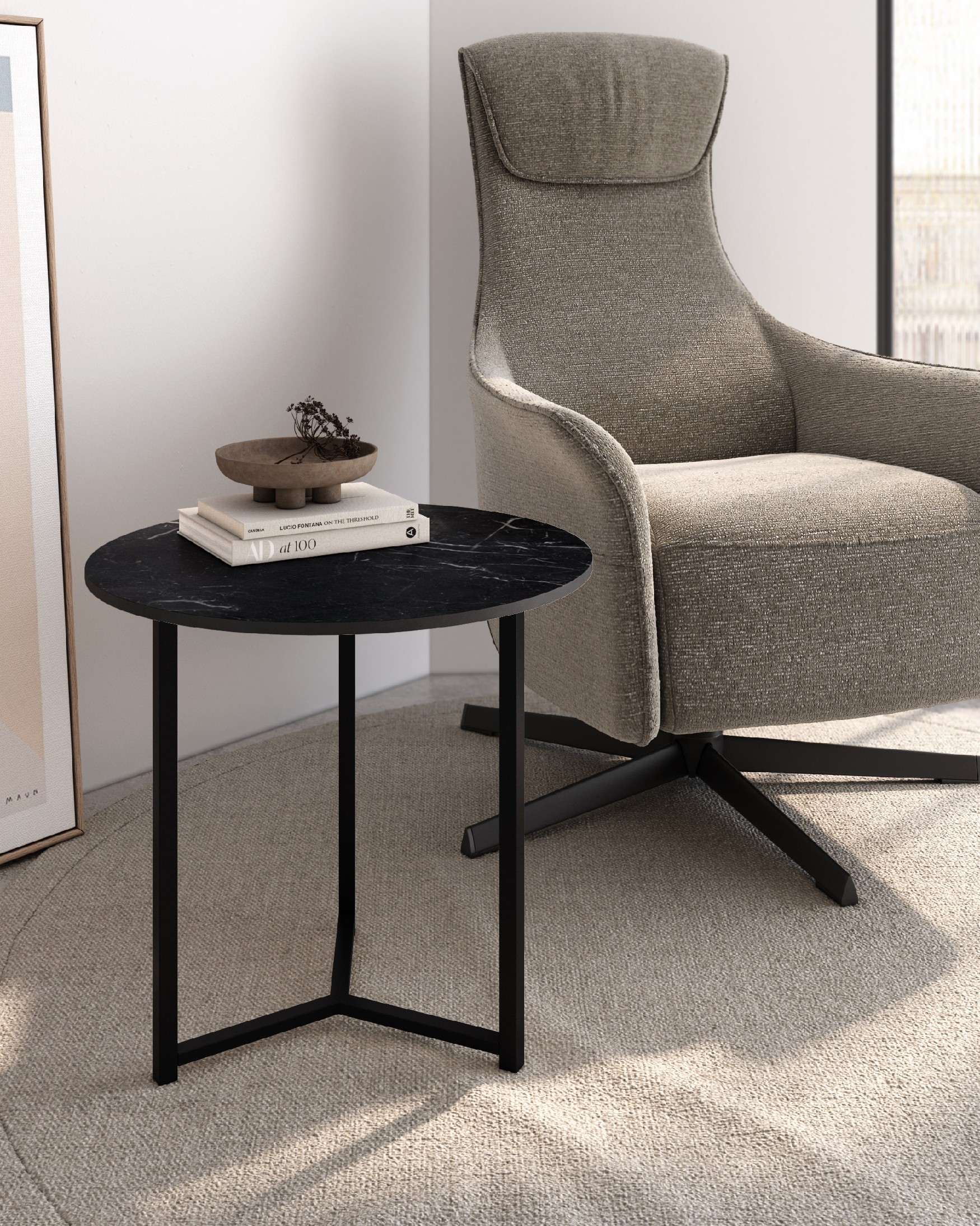 Balear round auxiliary table with marquina porcelain top and black metal leg Ø 50 cm