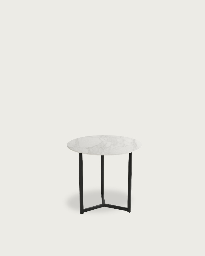 Table auxiliaire Balear ronde avec plateau en porcelaine carrara et pied métallique noir Ø 50 cm