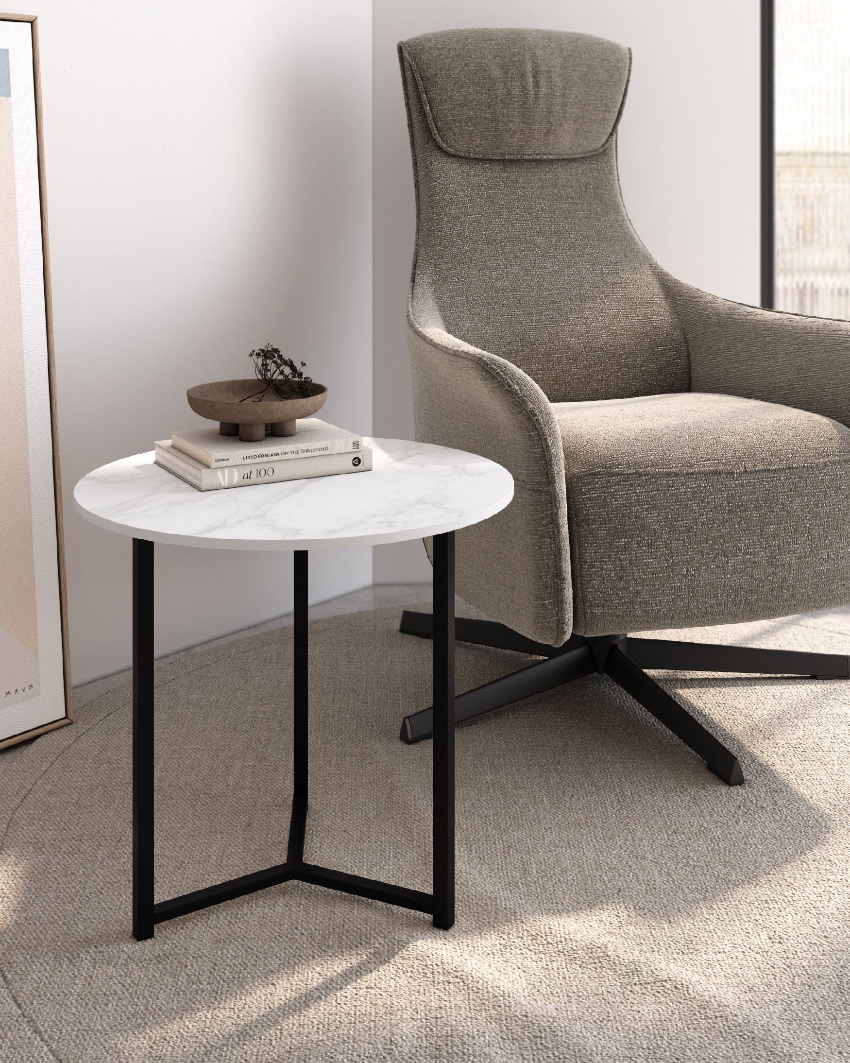 Balear round auxiliary table with carrara porcelain top and black metal leg Ø 50 cm