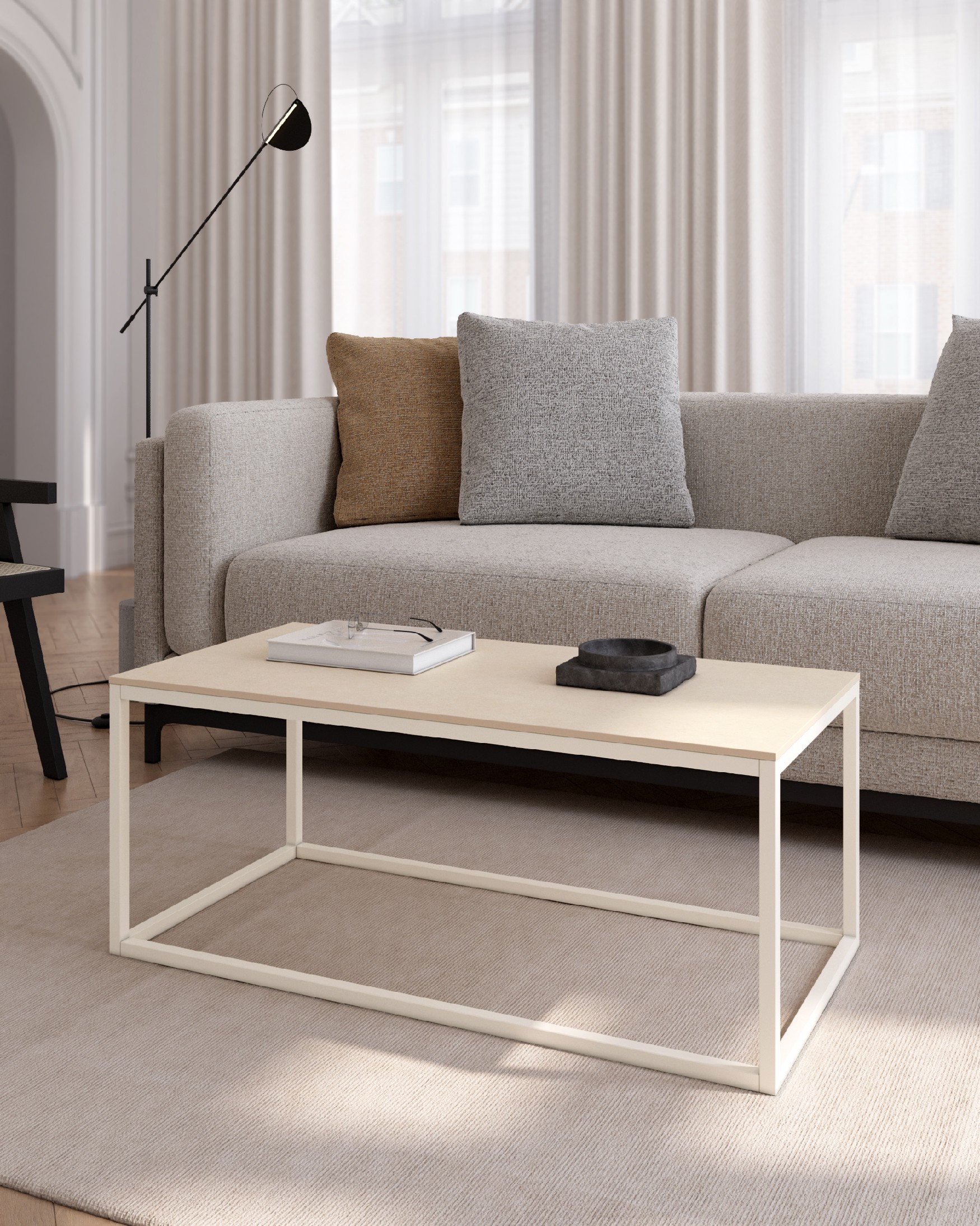 Balear auxiliary table with sand porcelain top and ivory metal leg 100 x 50 cm