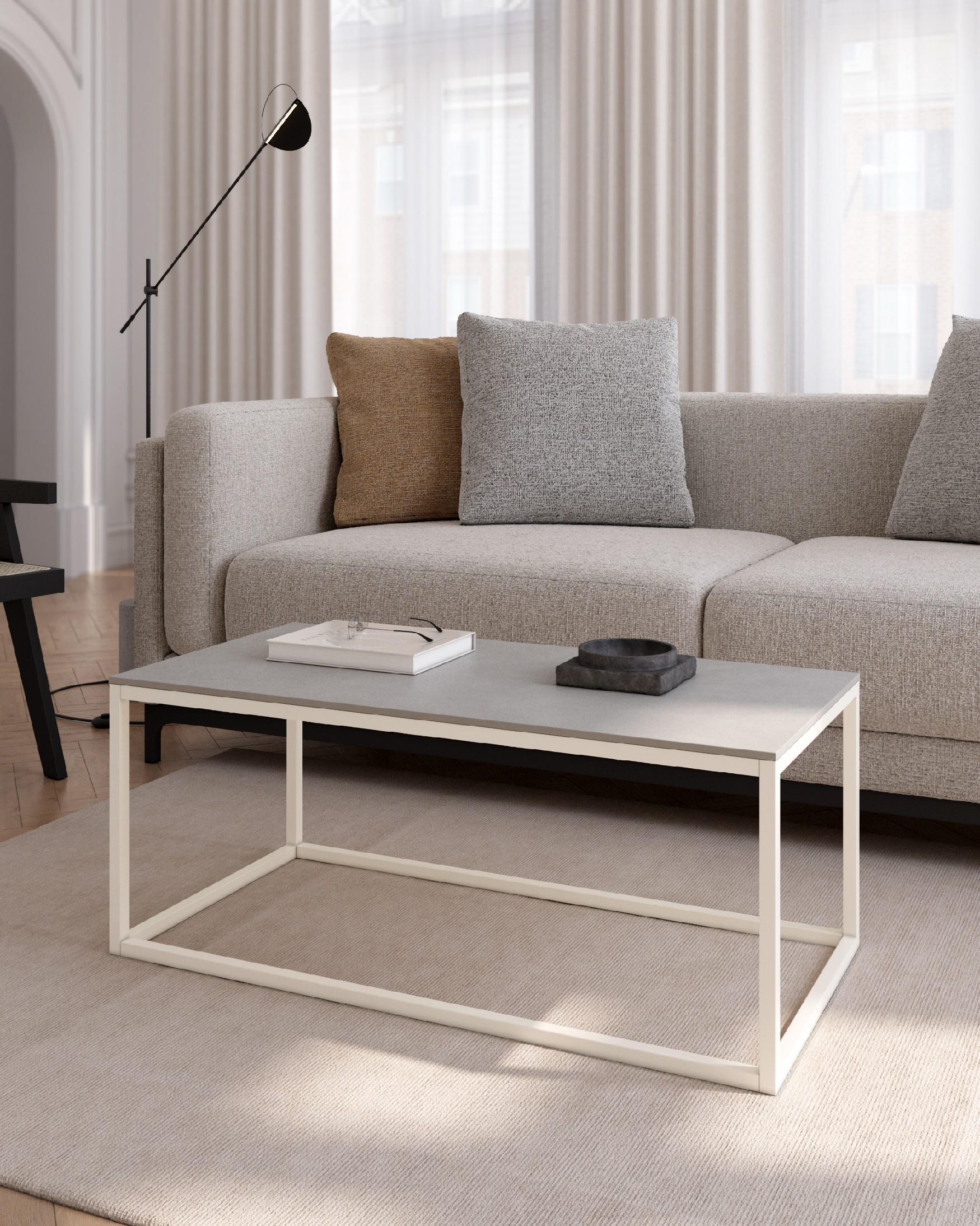 Balear auxiliary table with portland porcelain top and ivory metal leg 100 x 50 cm