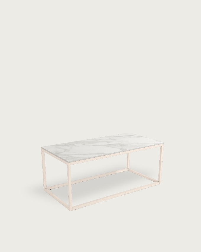 Table auxiliaire Balear avec plateau en porcelaine carrara et pied métallique ivoire 100 x 50 cm