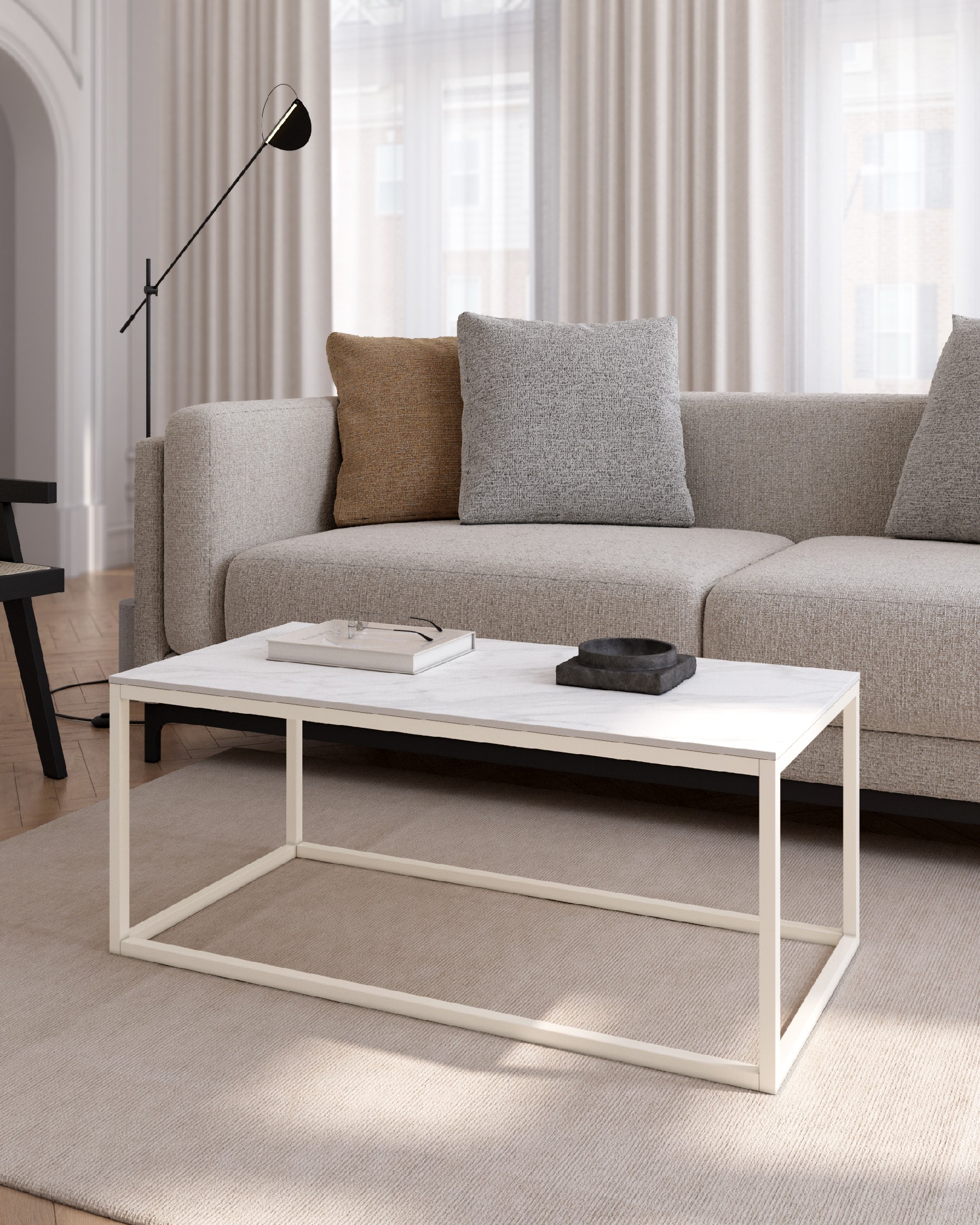 Balear auxiliary table with carrara porcelain top and ivory metal leg 100 x 50 cm