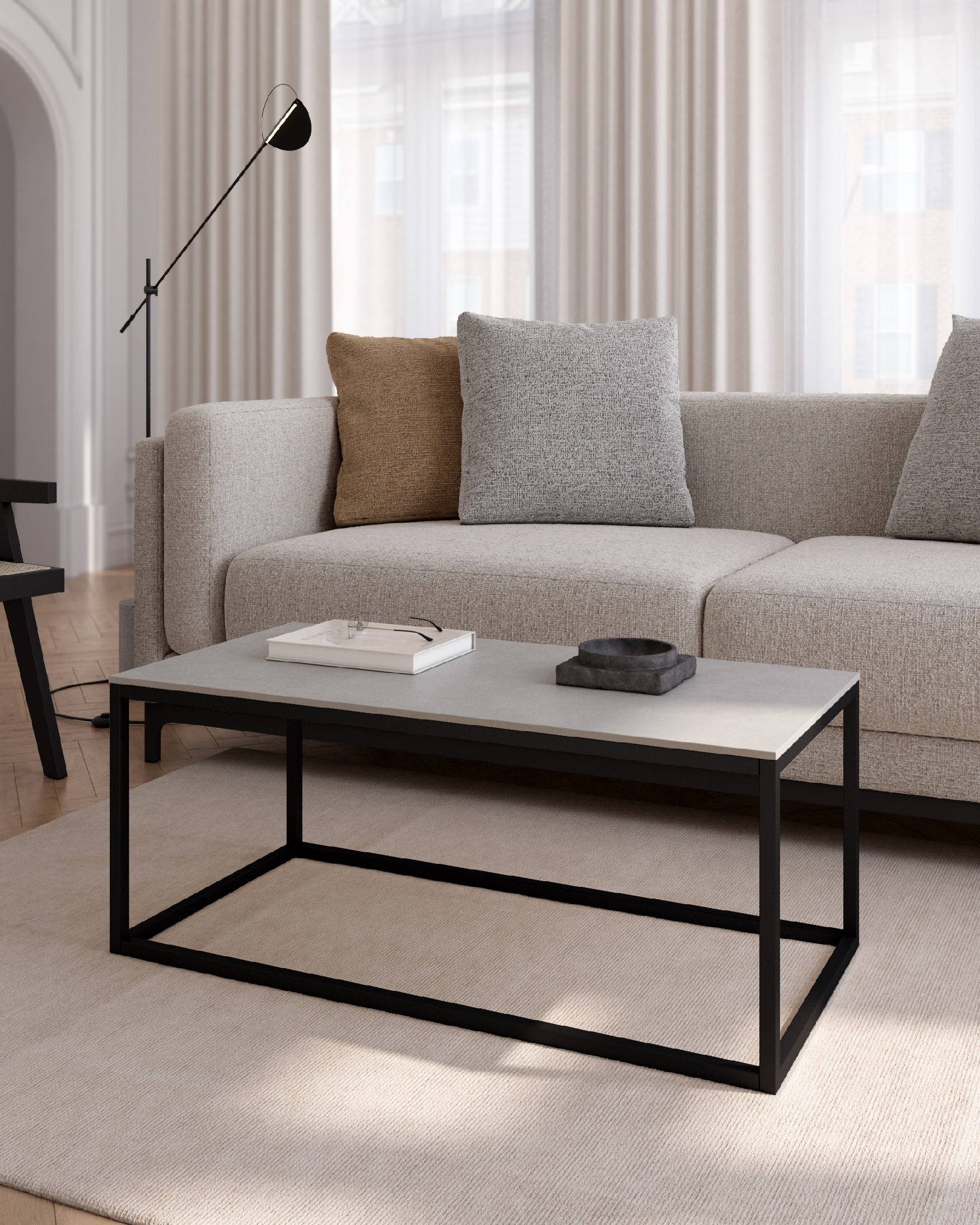 Balear auxiliary table with carrara porcelain top and black metal leg 100 x 50 cm