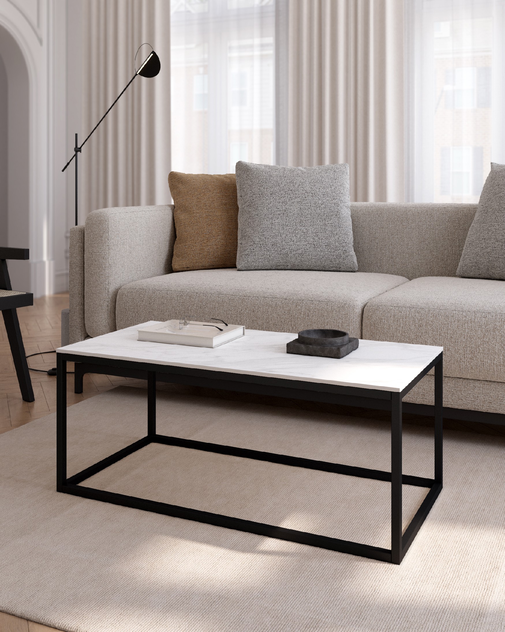 Balear auxiliary table with portland porcelain top and black metal leg 100 x 50 cm