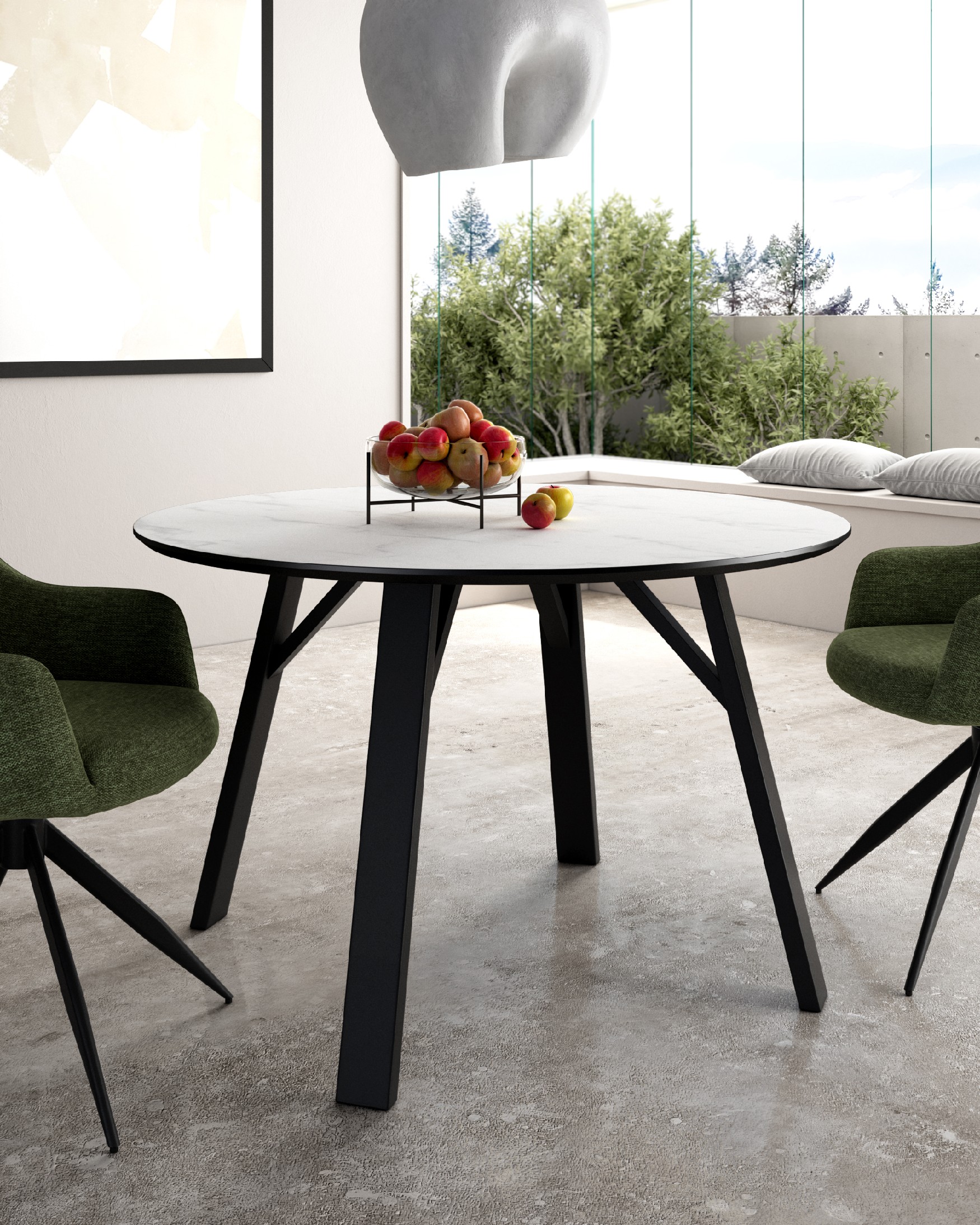 Mesa Baltic redonda con acabado MDF carrara y estructura metálica negra Ø 120 cm