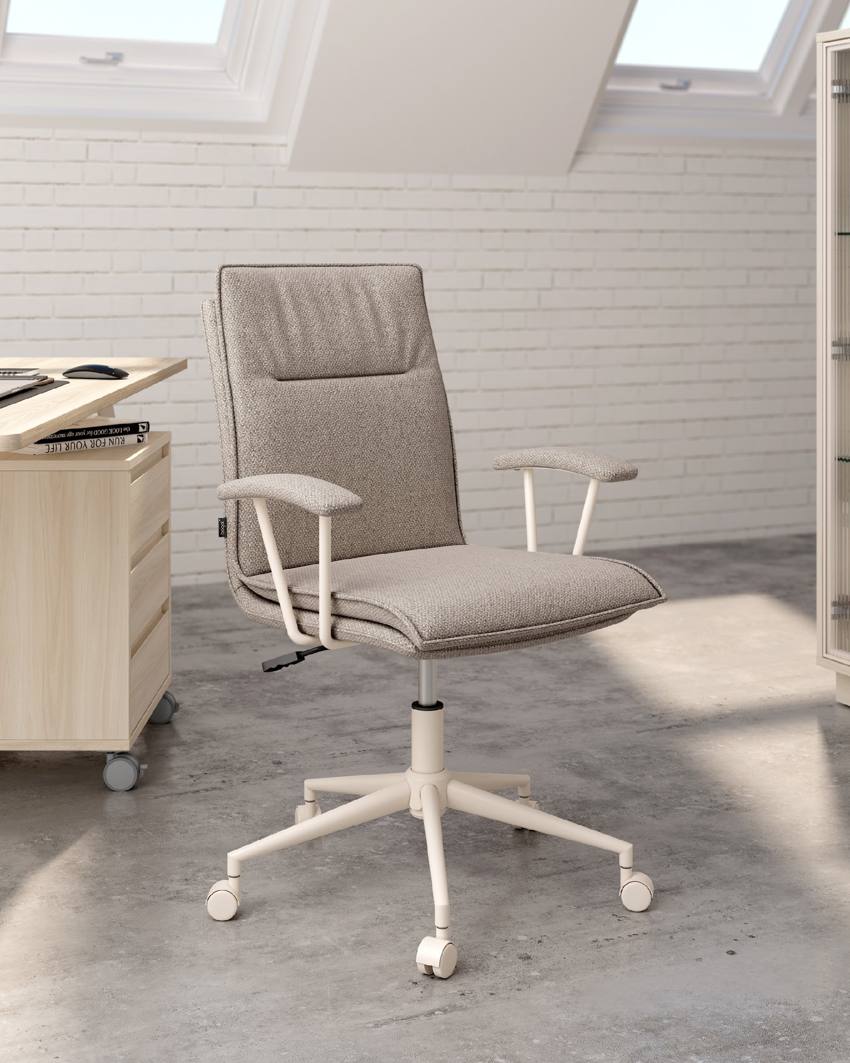 Basel swivel chair with wheels, upholstered in brown with ivory metal legs