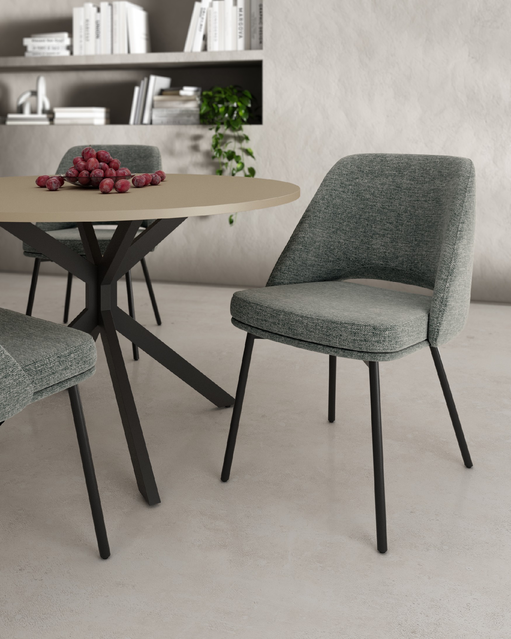 Beirut chair with gray upholstery and black metal legs