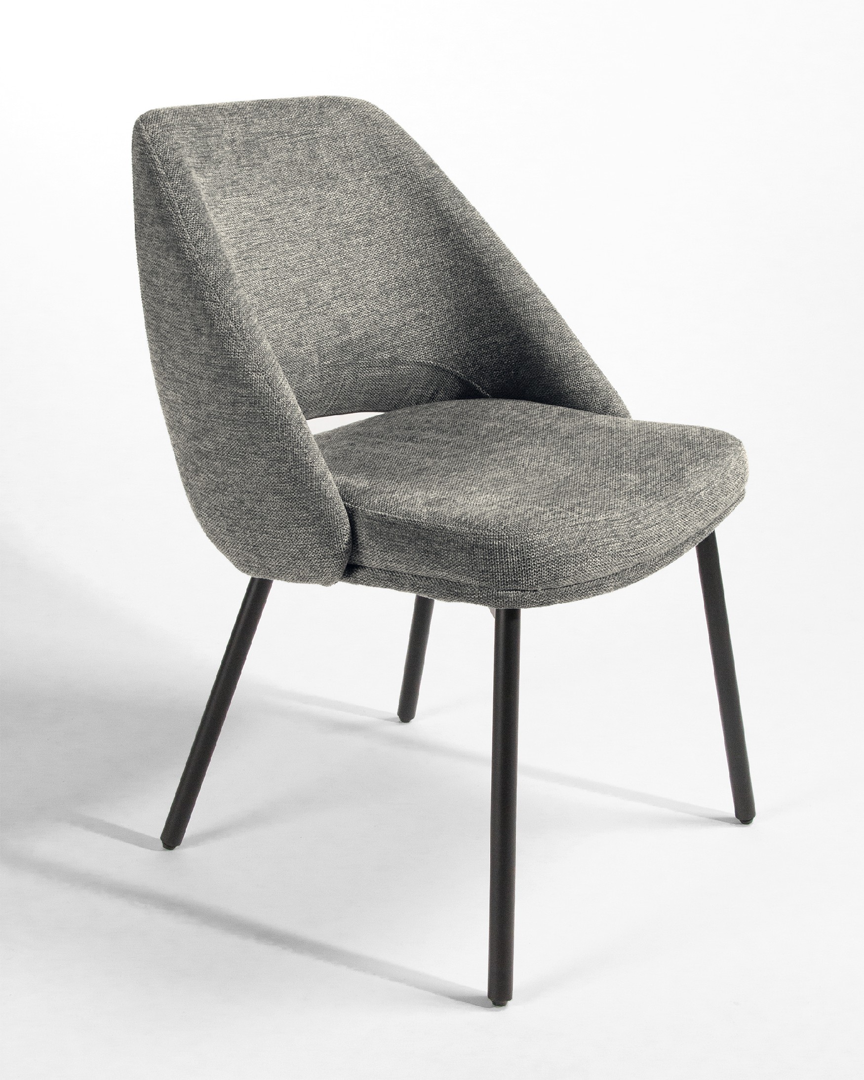 Beirut chair with gray upholstery and black metal legs