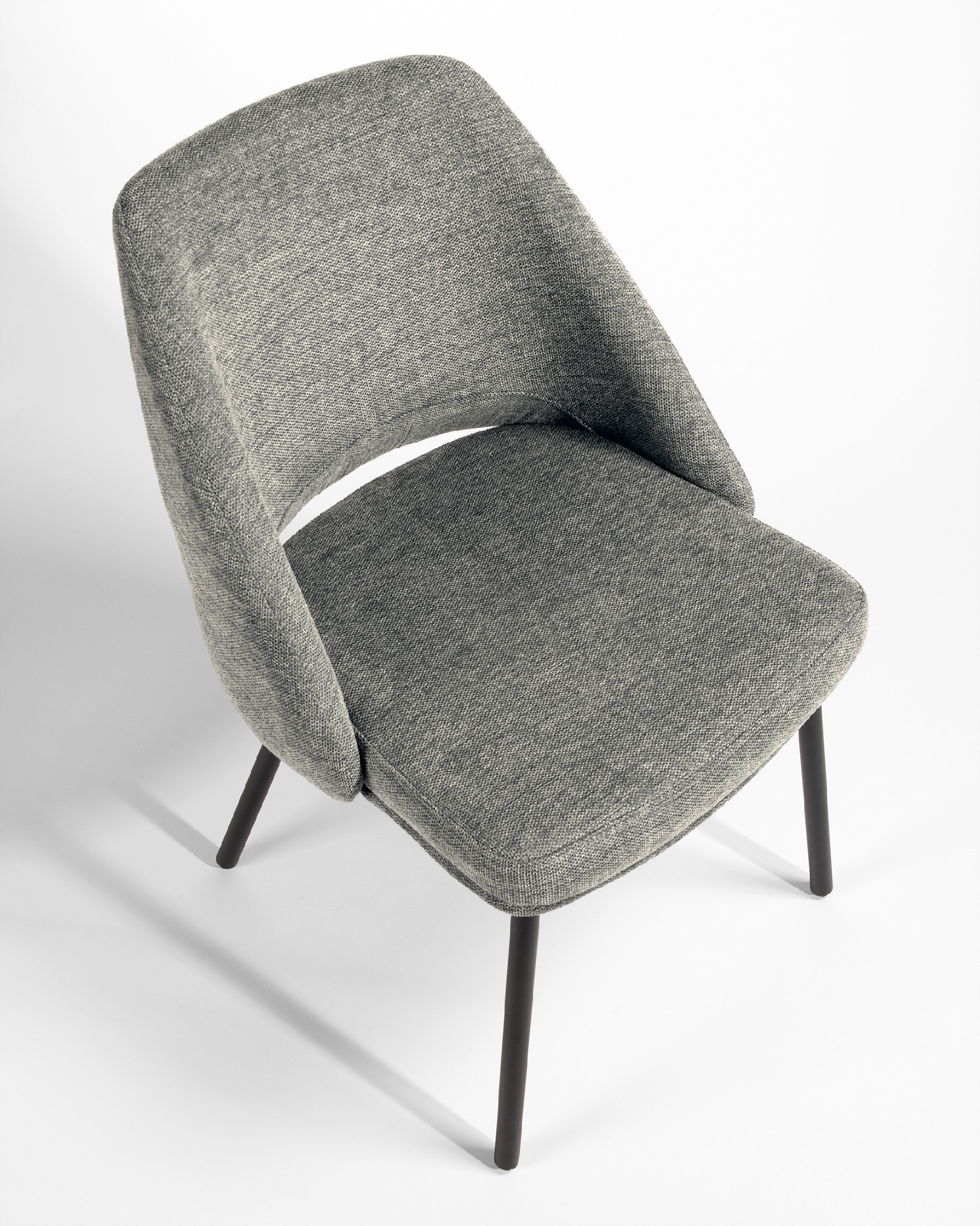 Beirut chair with gray upholstery and black metal legs