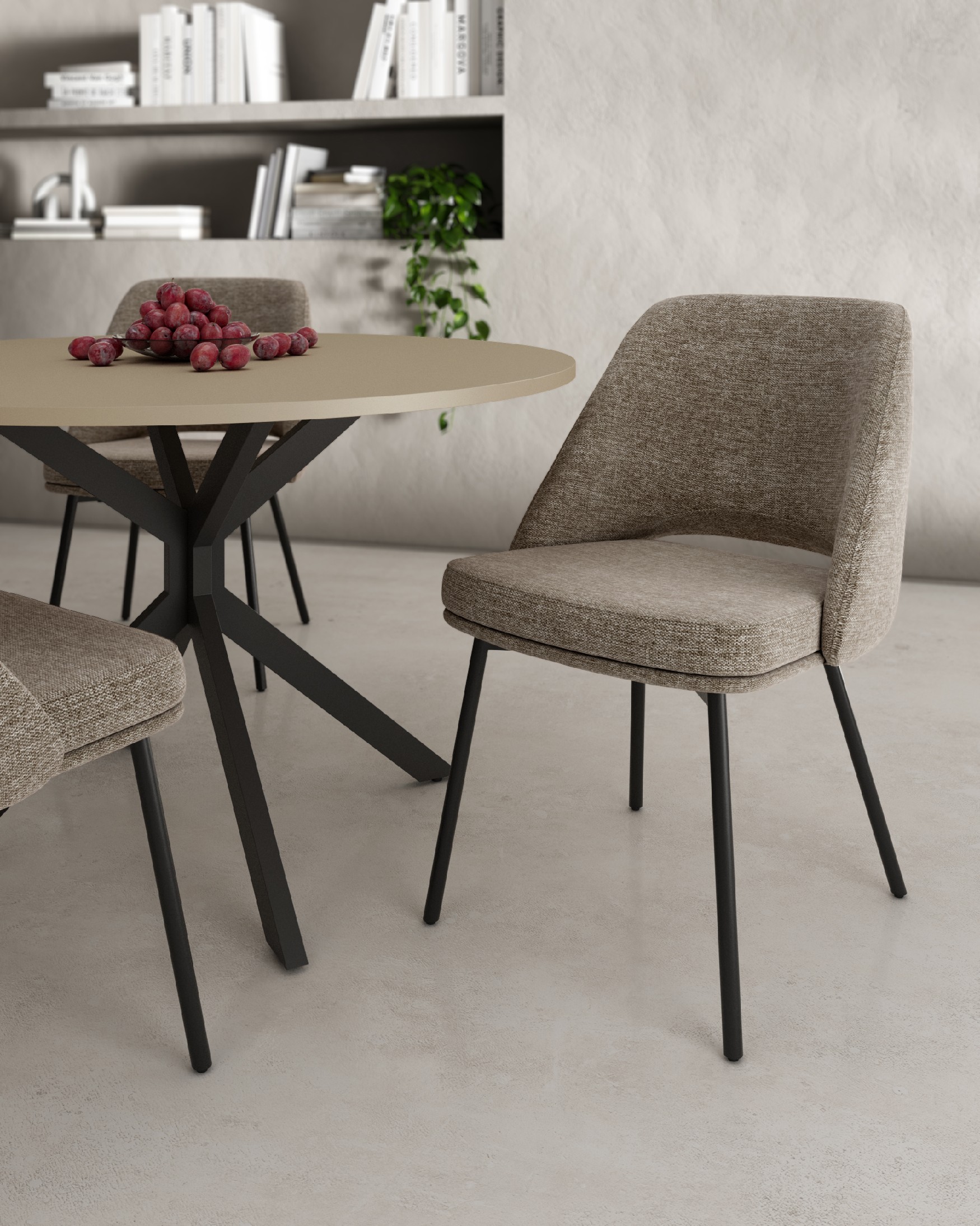 Beirut chair with brown upholstery and black metal legs