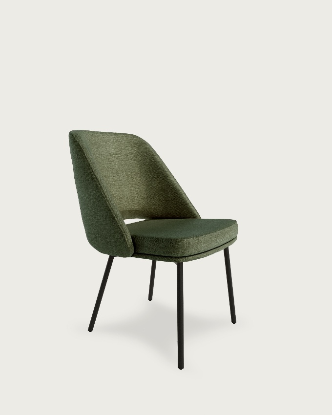 Silla Beirut con tapizado verde y patas metálicas negras