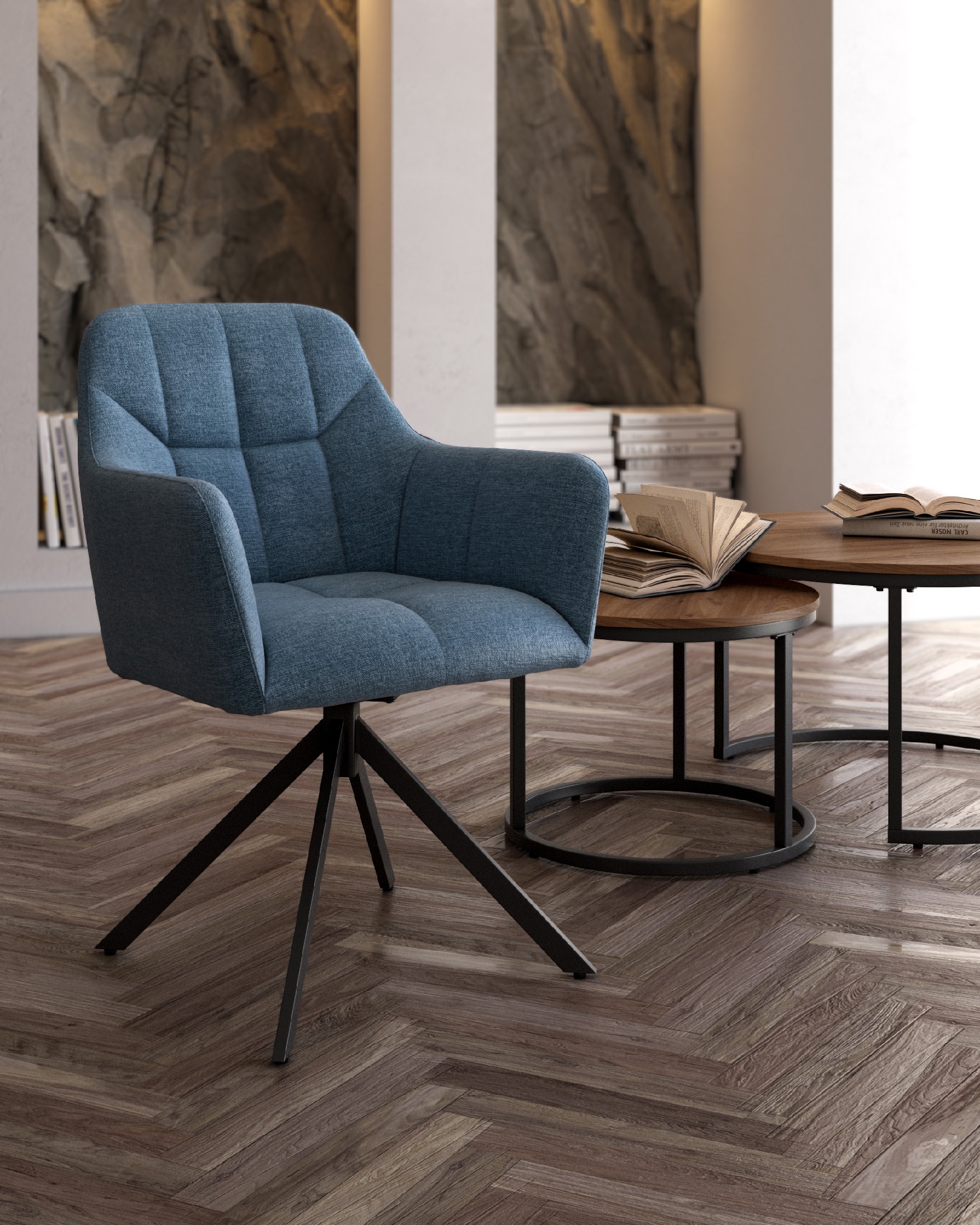 Silla Bergamo giratoria 180º con función return, tapizado azul y patas metálicas negras