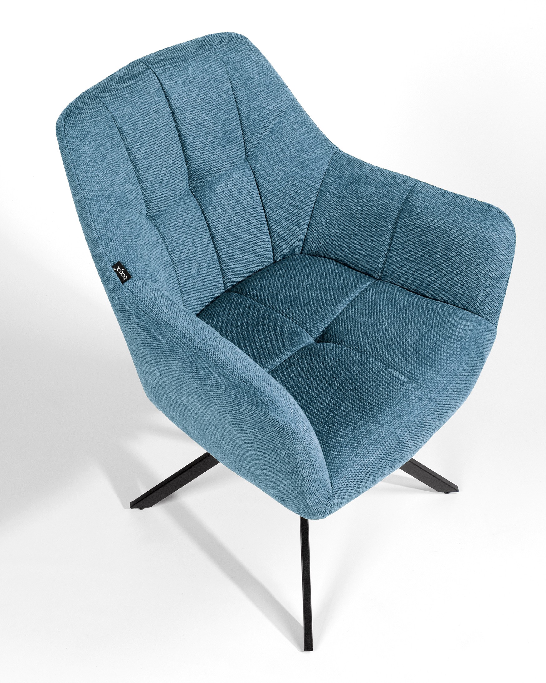 Silla Bergamo giratoria 180º con función return, tapizado azul y patas metálicas negras