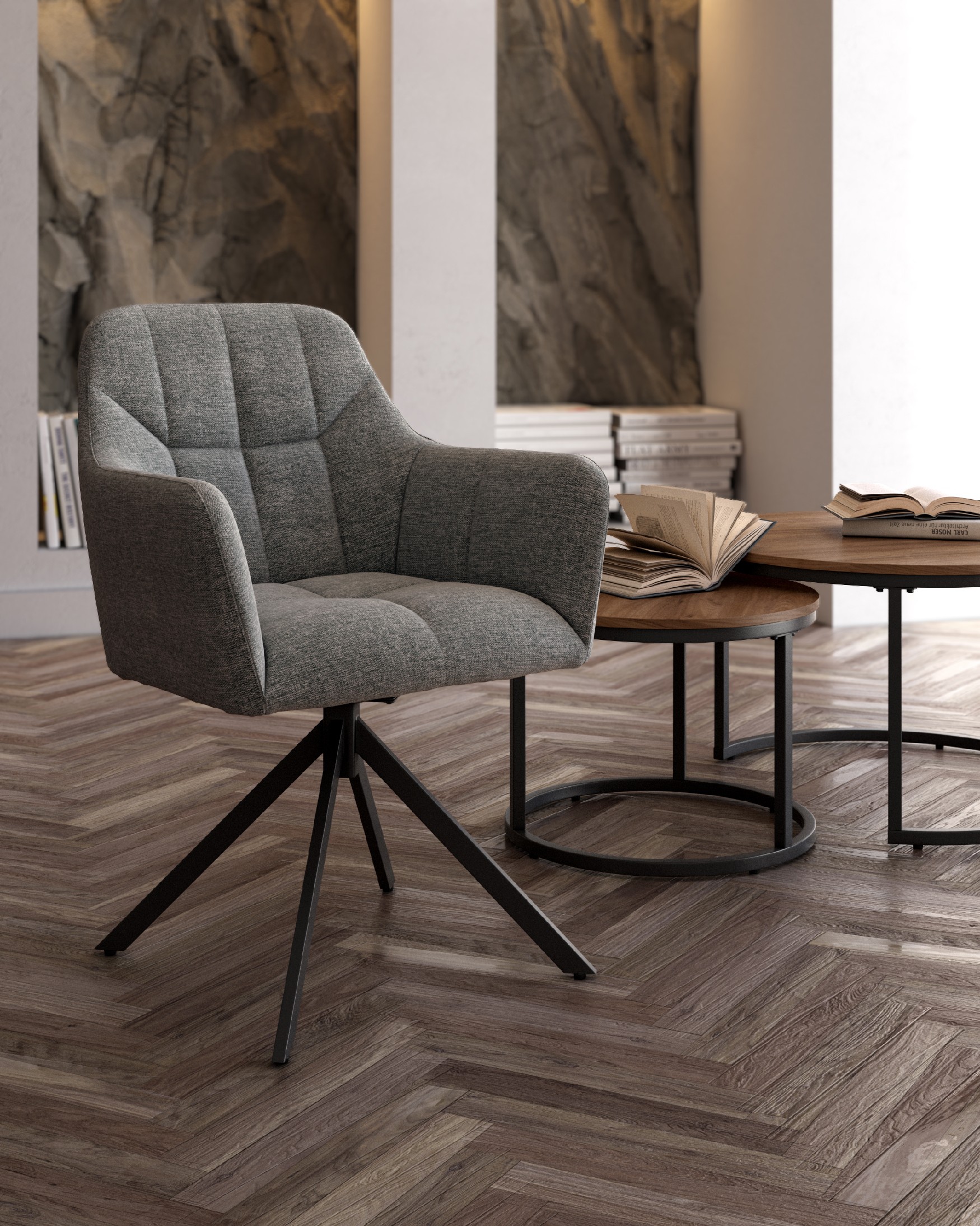 Silla Bergamo giratoria 180º con función return, tapizado gris y patas metálicas negras