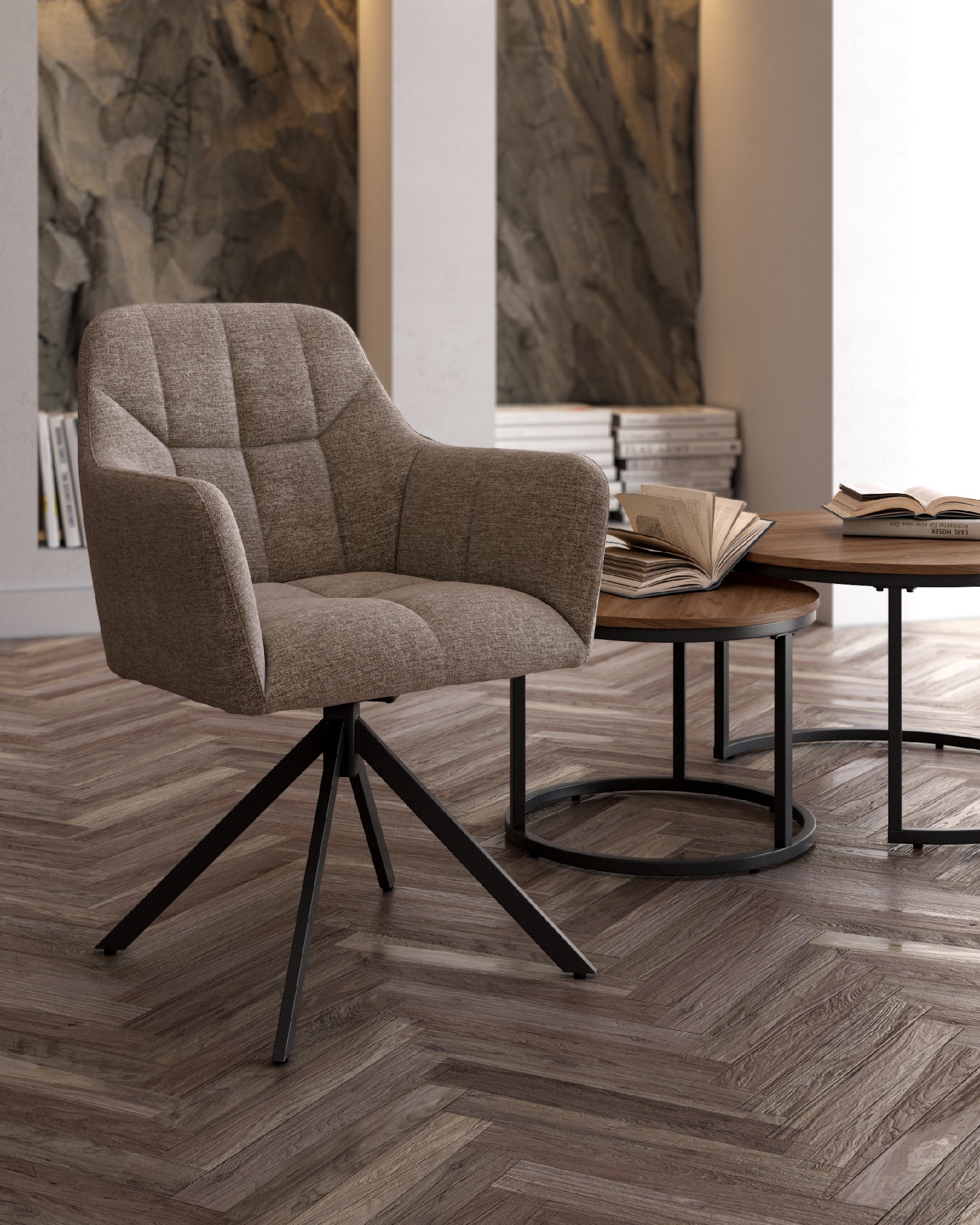 Bergamo swivel chair 180º with return function, brown upholstery and black metal legs
