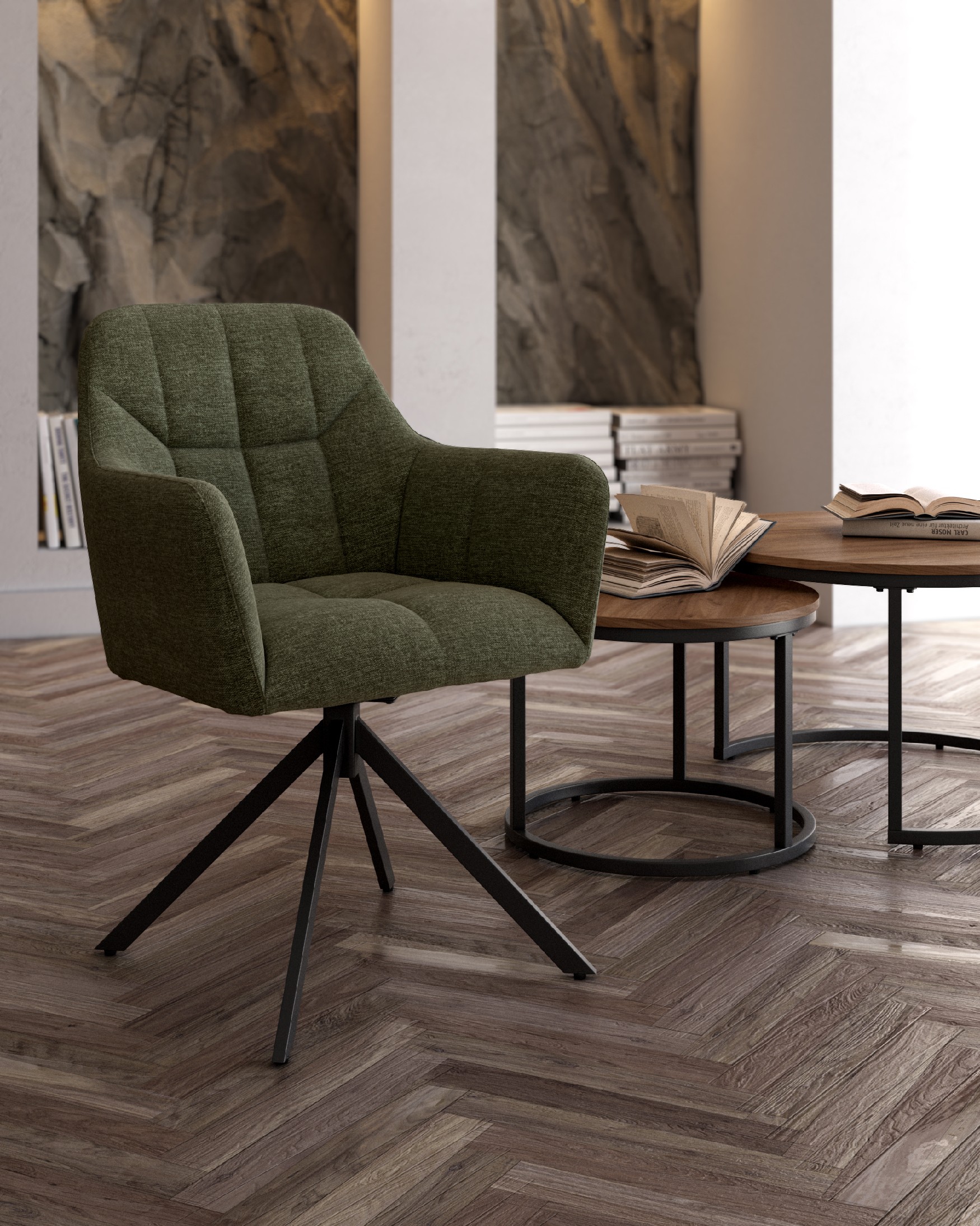 Bergamo swivel chair 180º with return function, green upholstery and black metal legs