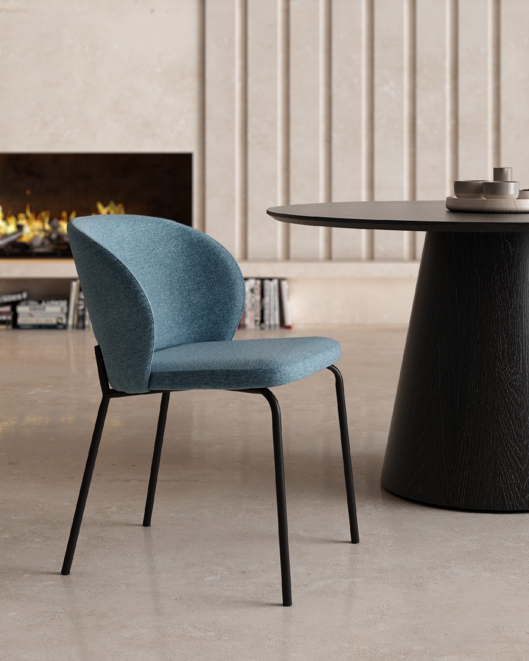 Bergen chair with blue upholstery and black metal legs