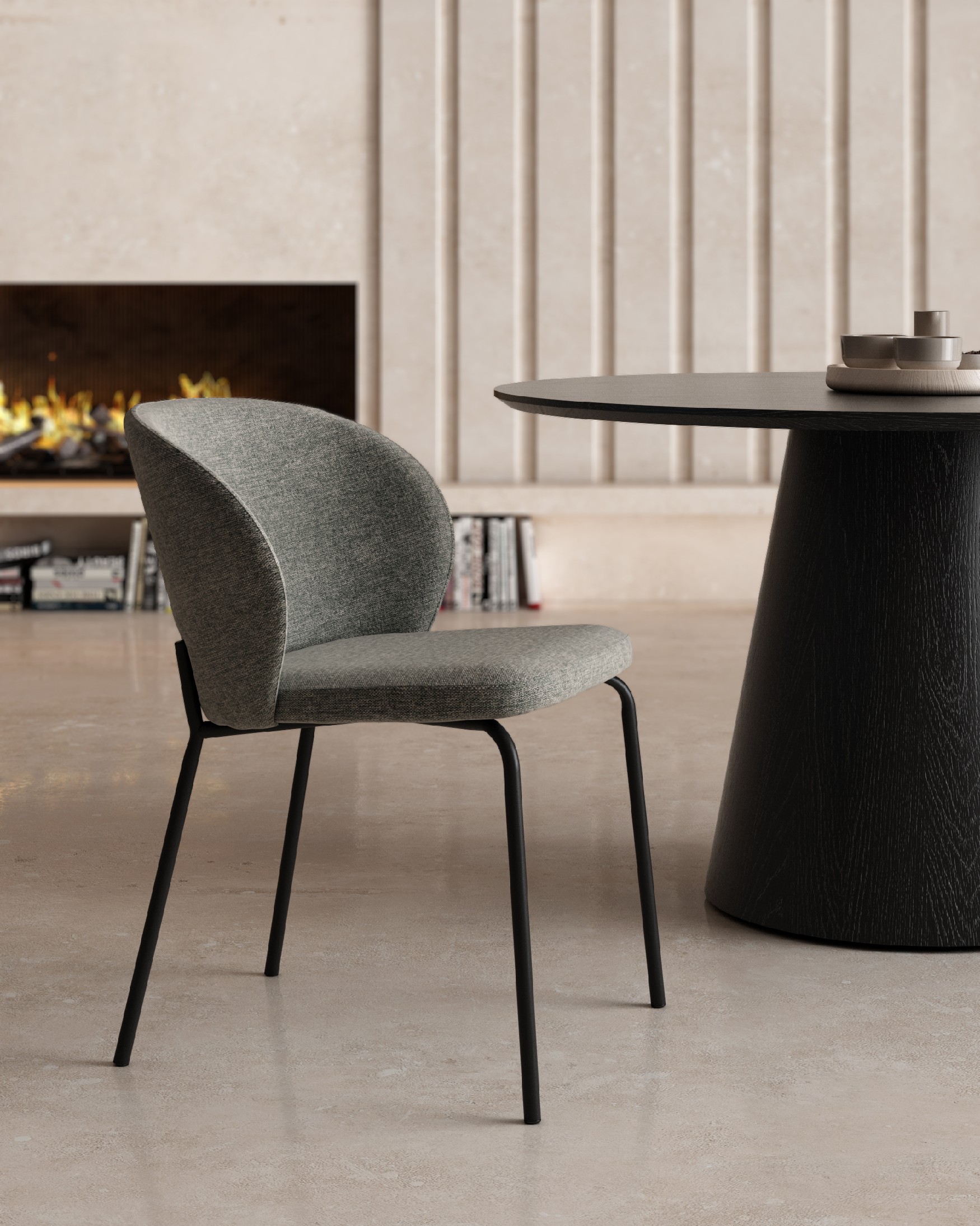 Bergen chair with gray upholstery and black metal legs