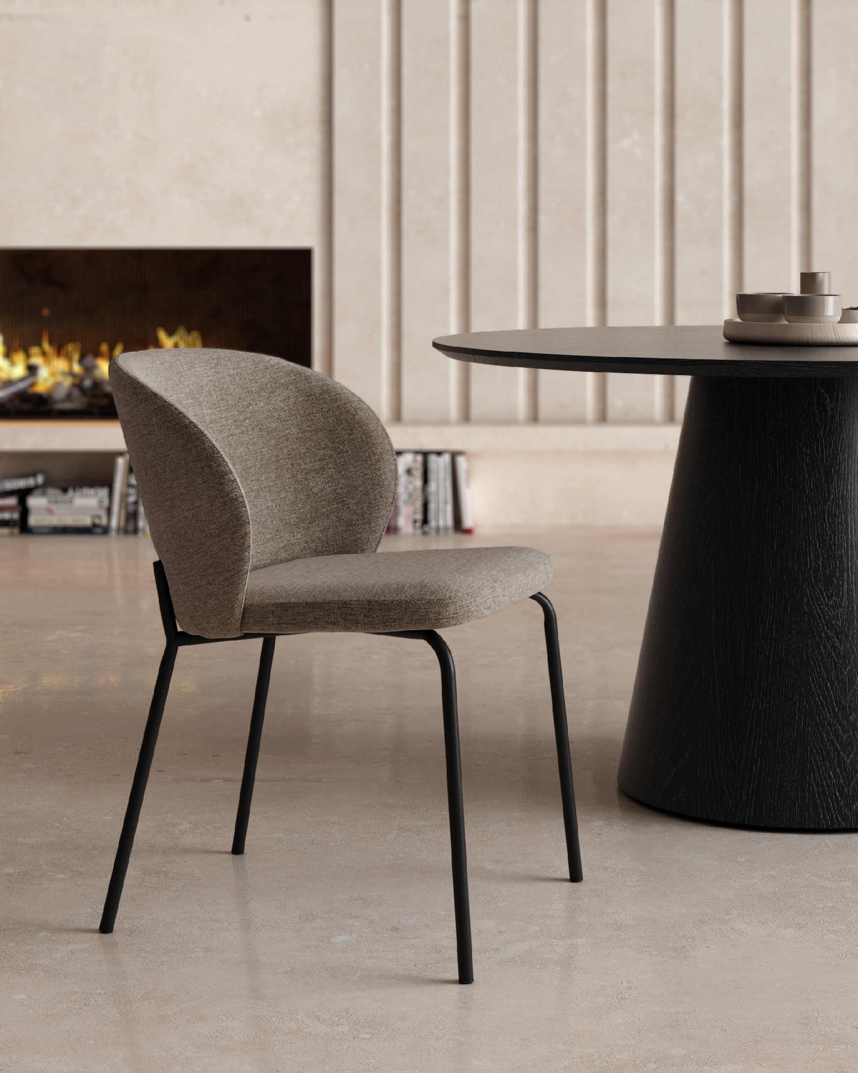 Bergen chair with brown upholstery and black metal legs