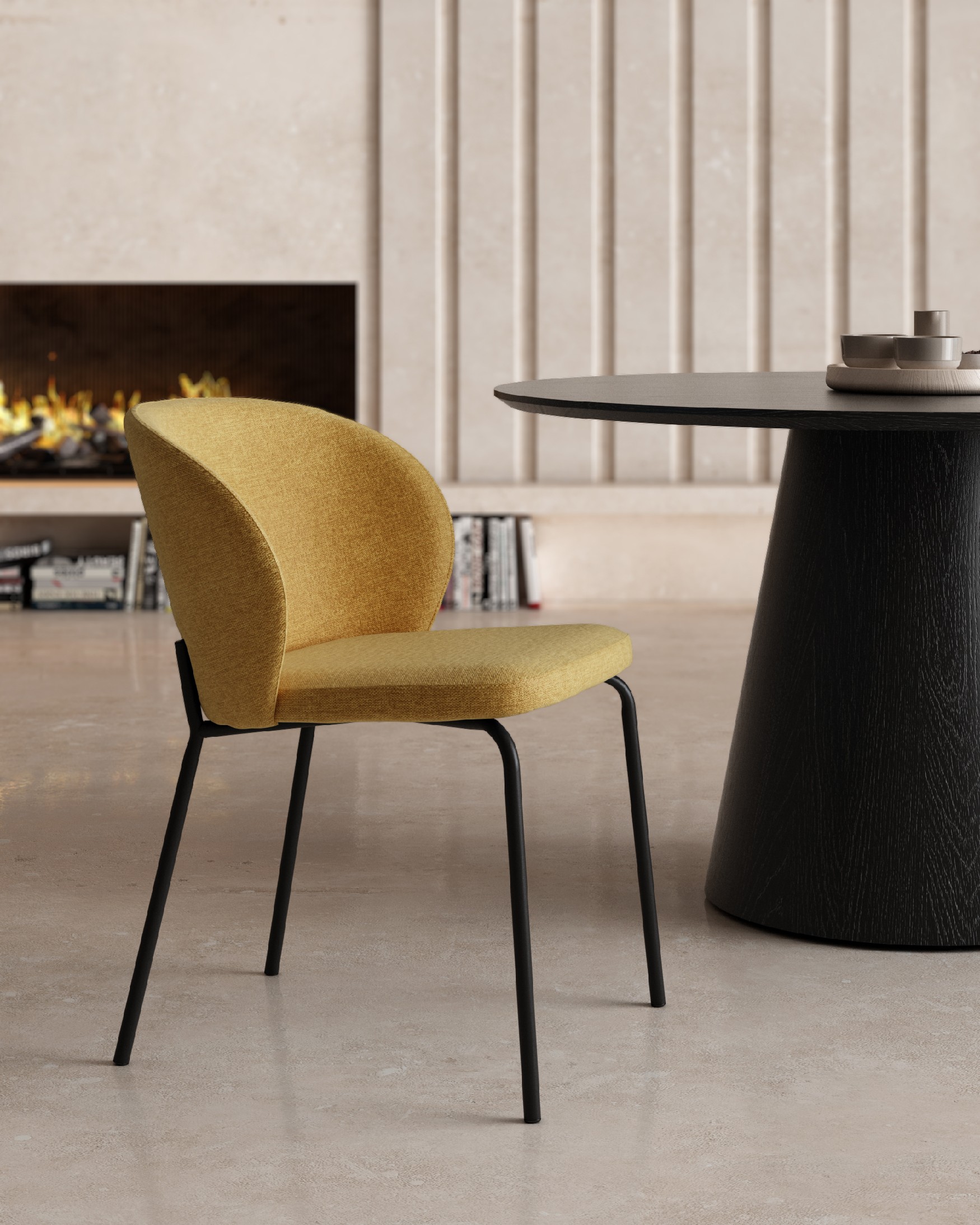 Bergen chair with mustard upholstery and black metal legs