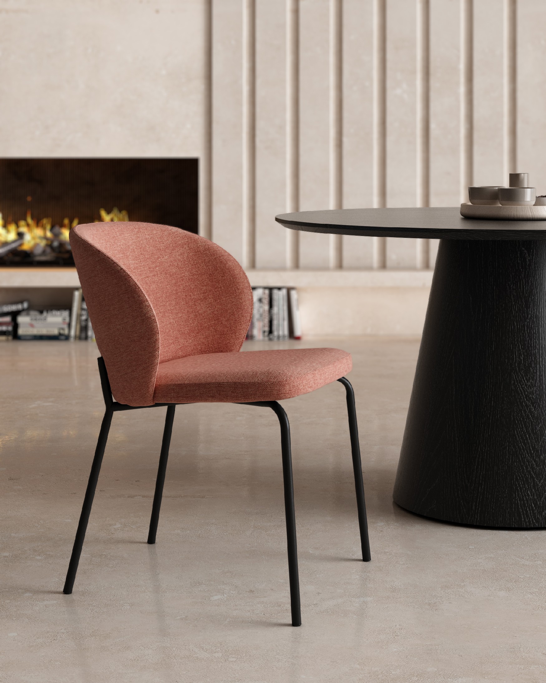 Bergen chair with salmon upholstery and black metal legs