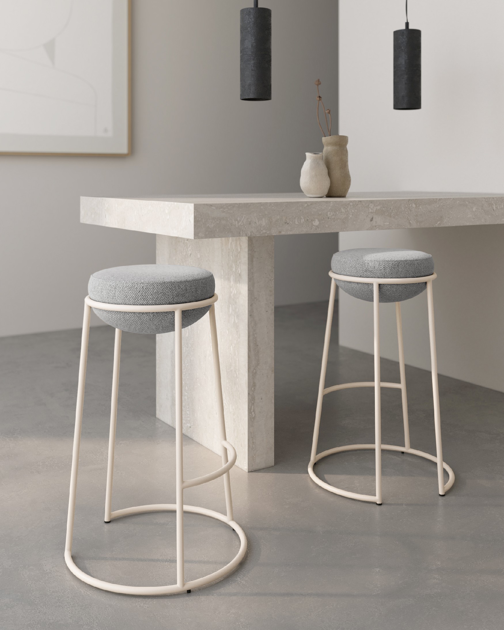 High stool 70 cm Boing with gray upholstery and ivory metal structure