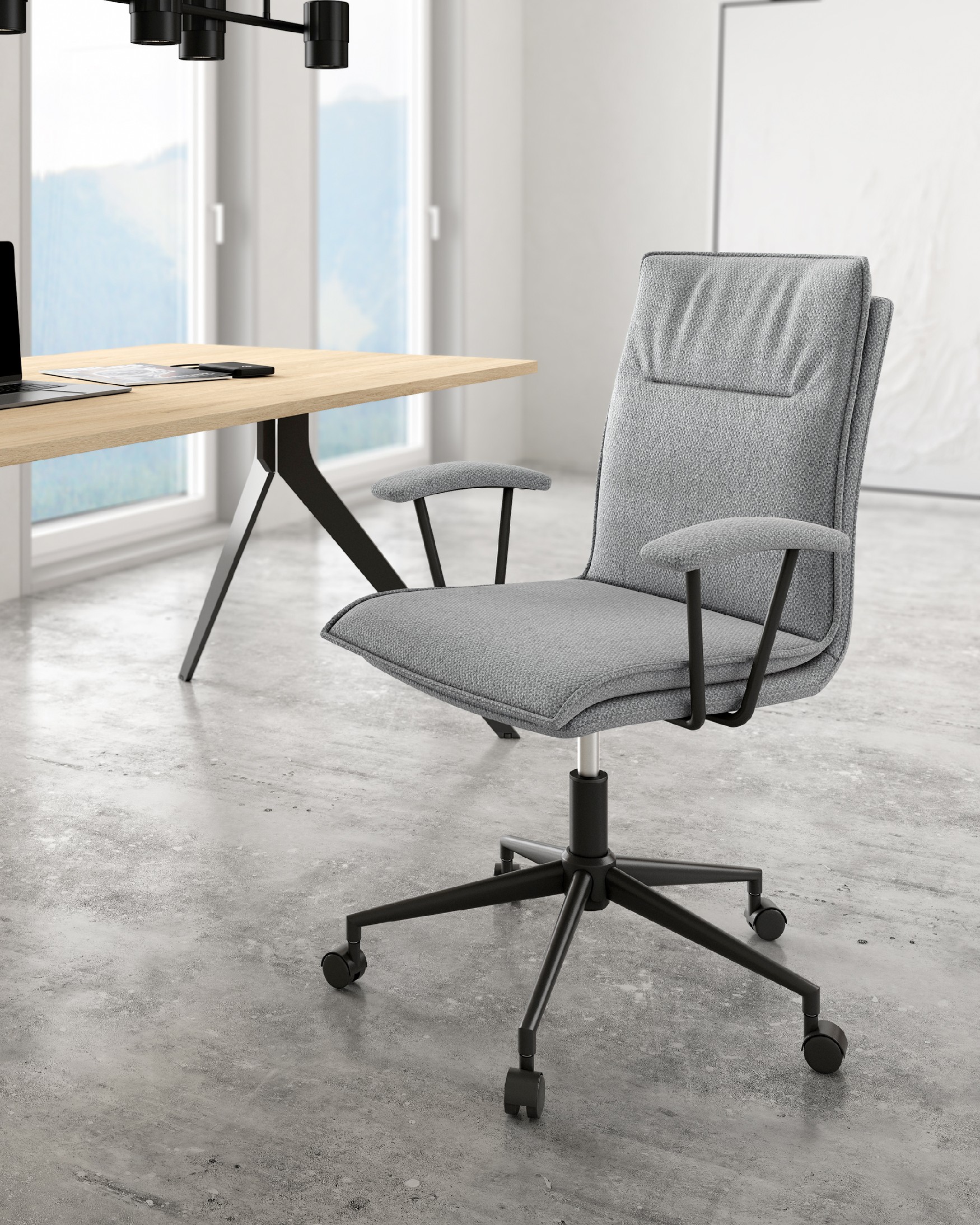 Bonn swivel chair with wheels, upholstered in gray and with black metal legs