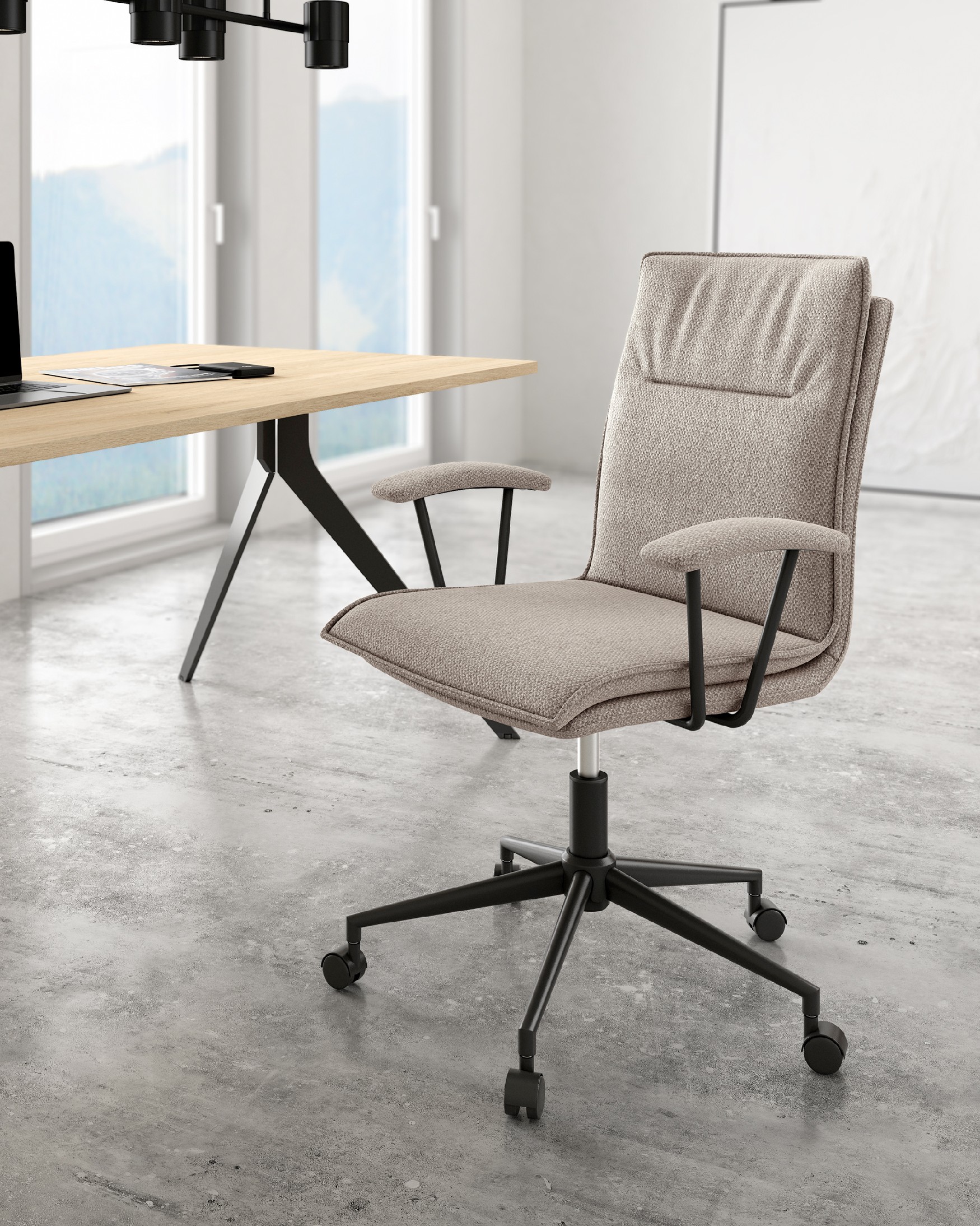 Bonn swivel chair with wheels, brown upholstery, and black metal legs