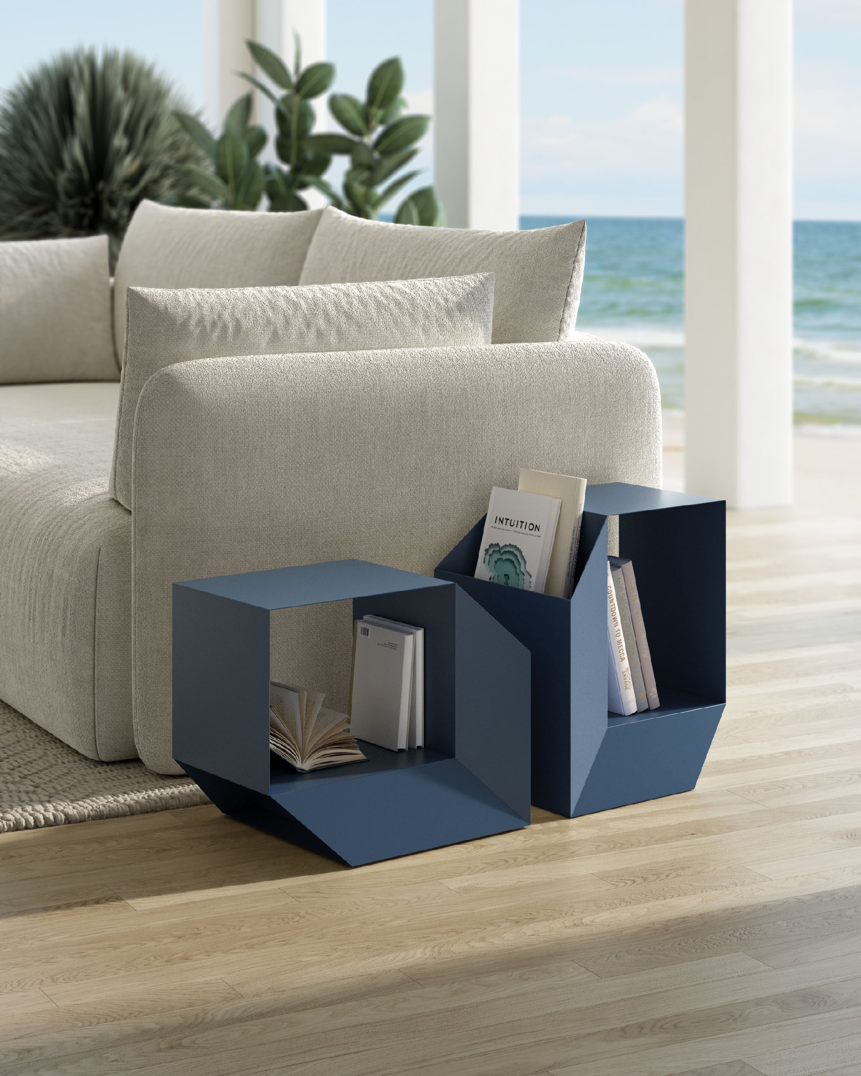 Boxi auxiliary table in lacquered blue metal