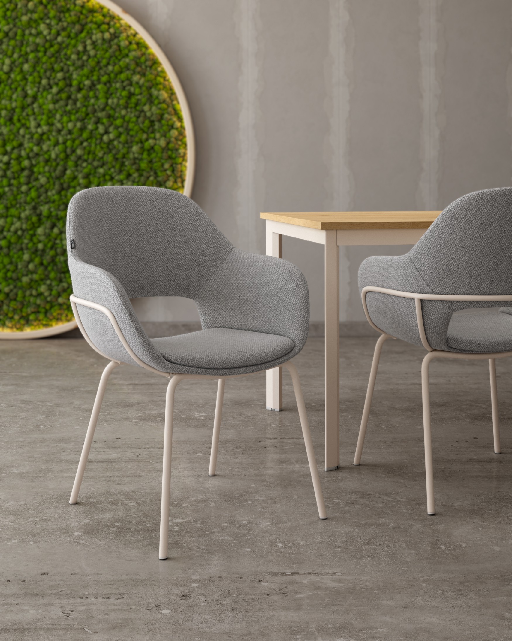 Brisbane chair with gray upholstery and ivory metal legs