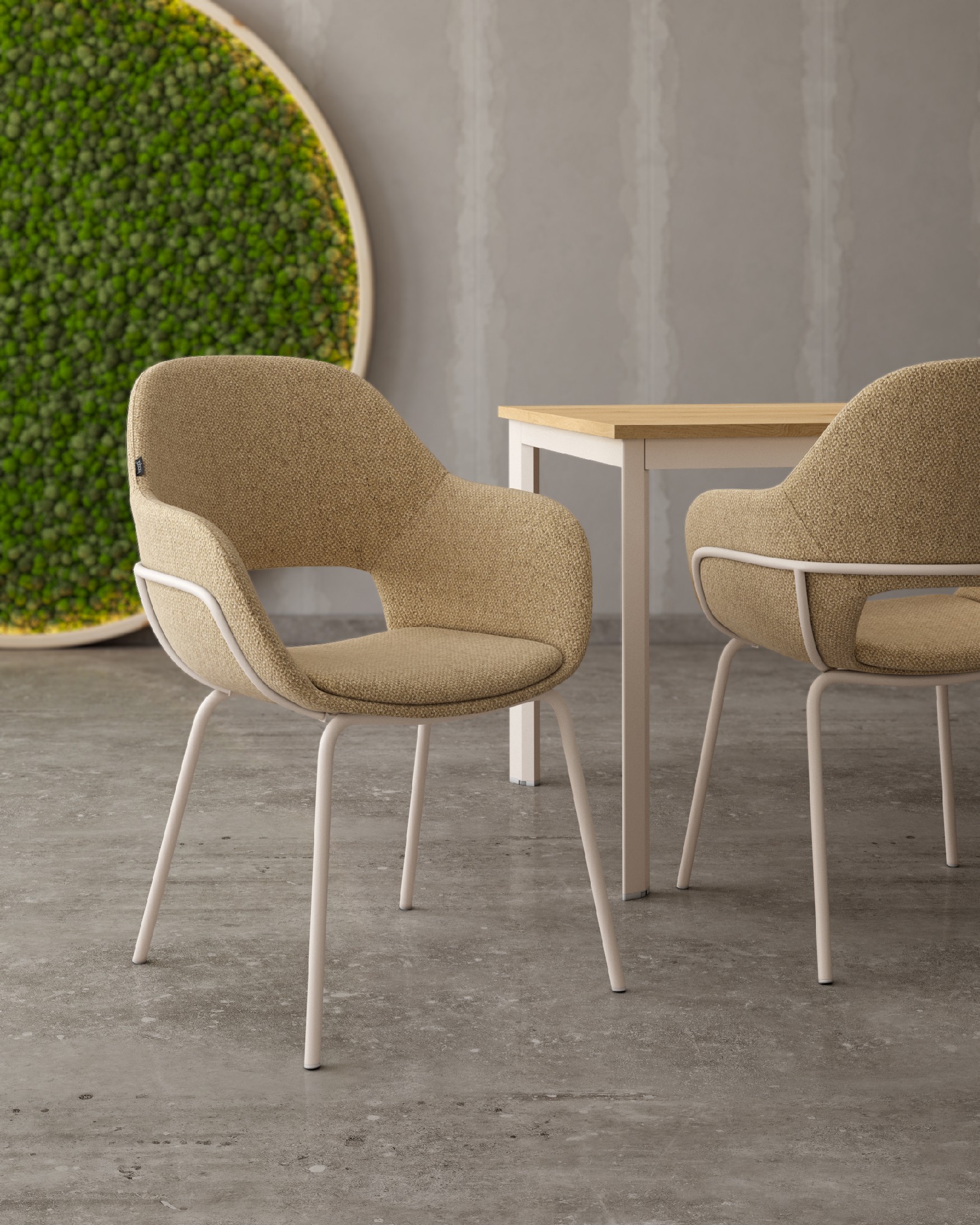 Chaise Brisbane avec tapisserie moutarde et pieds métalliques ivoire